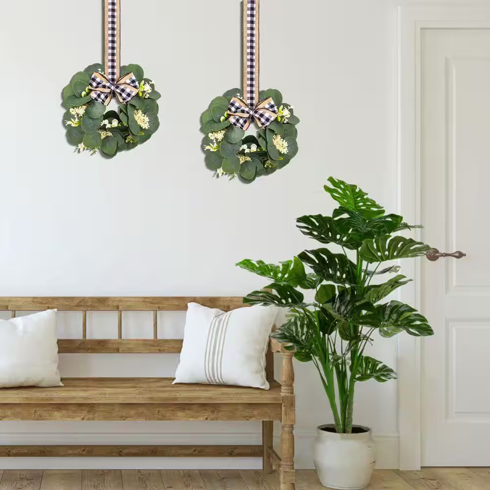 1 In. 2-Pieces Green Indoor/Outdoor Artificial Eucalyptus Plant Wreath Set for D