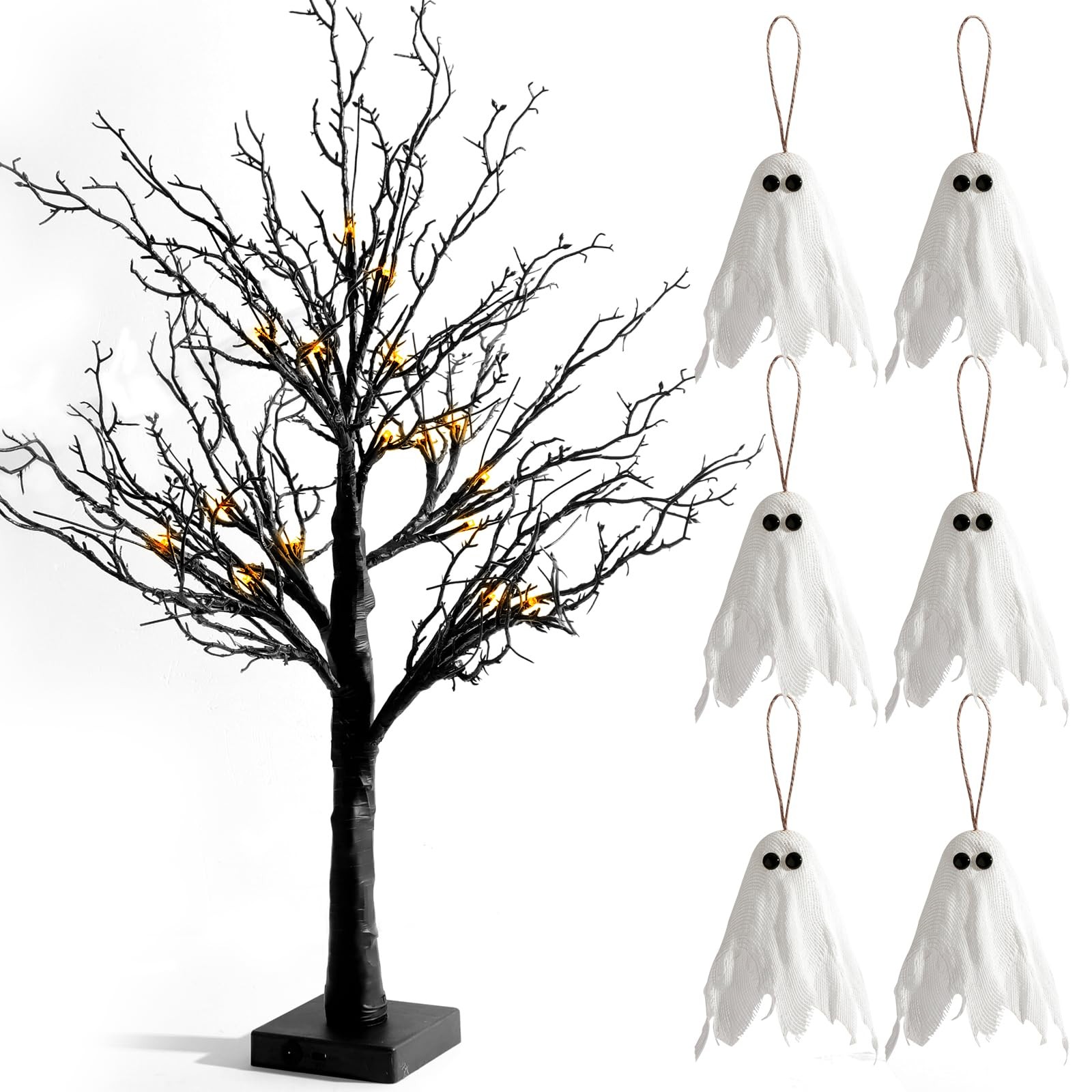 Halloween Decor Black Tree: 27″ Spooky Lighted Artificial Tree with 6pcs Cute…