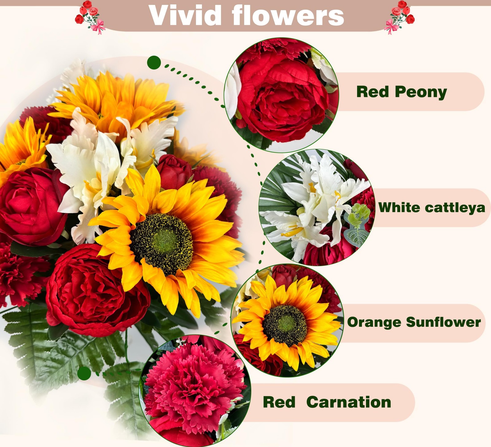 Cemetery Flowers With Vase Bright Sunflower Peony Camellia Red Orange 1 PCS