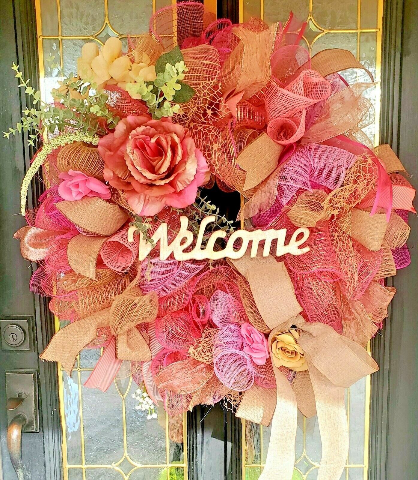 Large Spring Summer Burlap Deco Mesh Wreath Pink Rose Farmhouse Front Door Decor