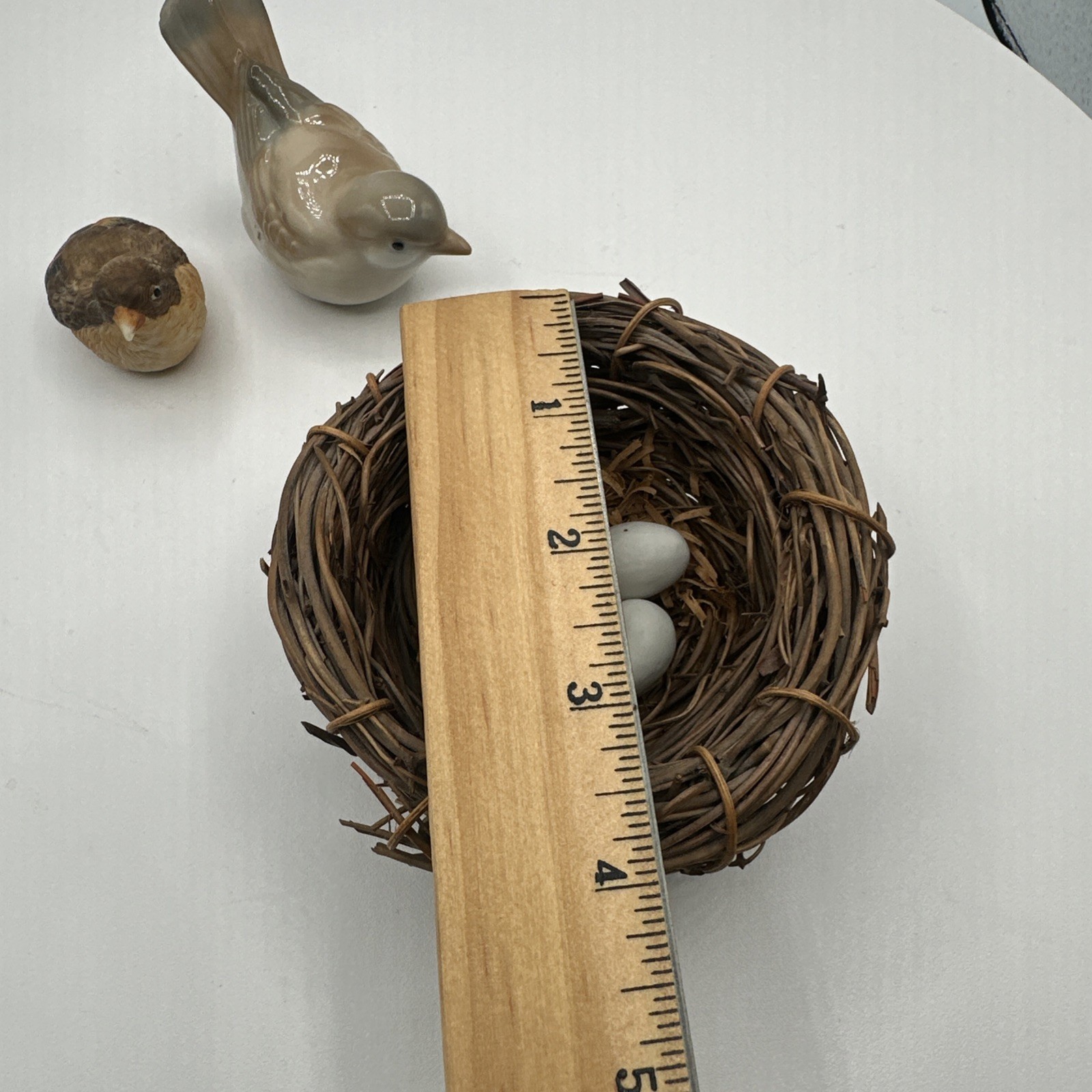 Vintage Porcelain Bird Nest Figurine Set 2 Birds 3 Eggs Woven Twig Nest Decor
