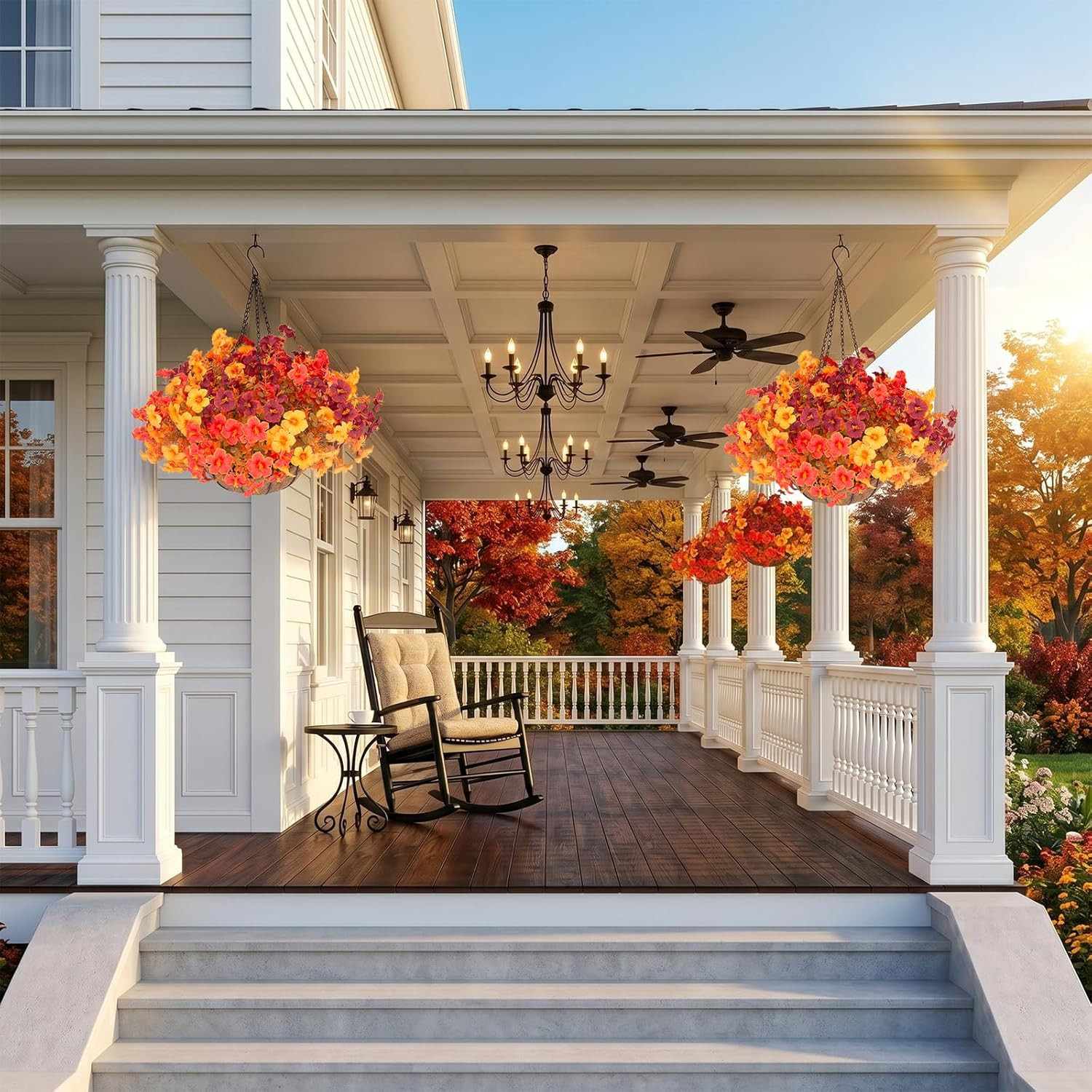 2 Set Artificial Outdoor Fall Flowers with Hanging Baskets, 24 Pcs Faux Petunias