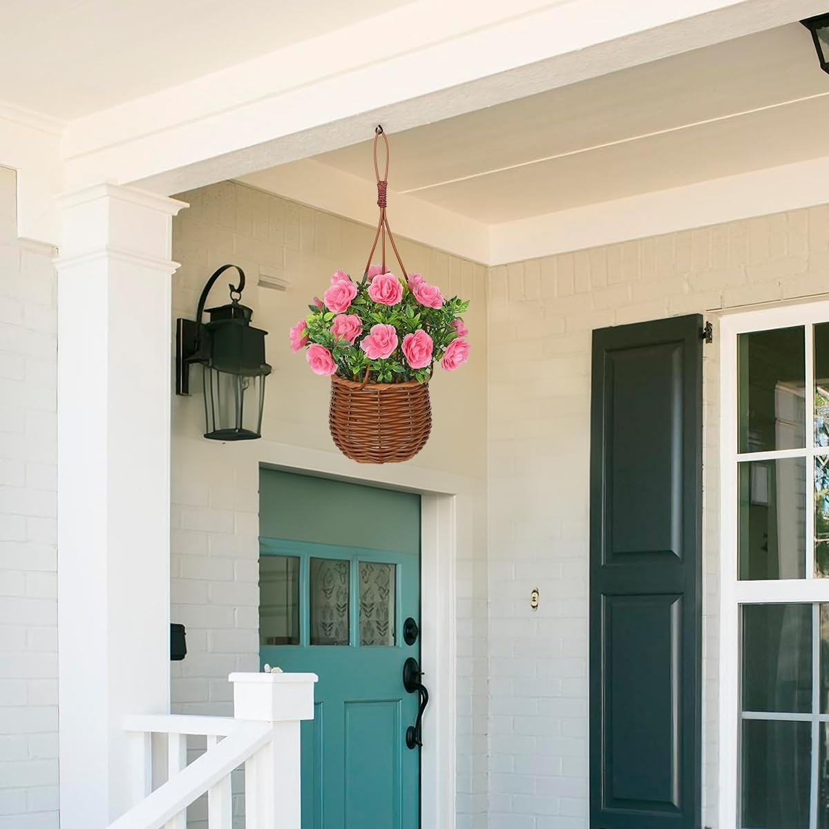 Artificial Rose Flowers with Hanging Woven Basket, Faux Blooming Roses in Fake R