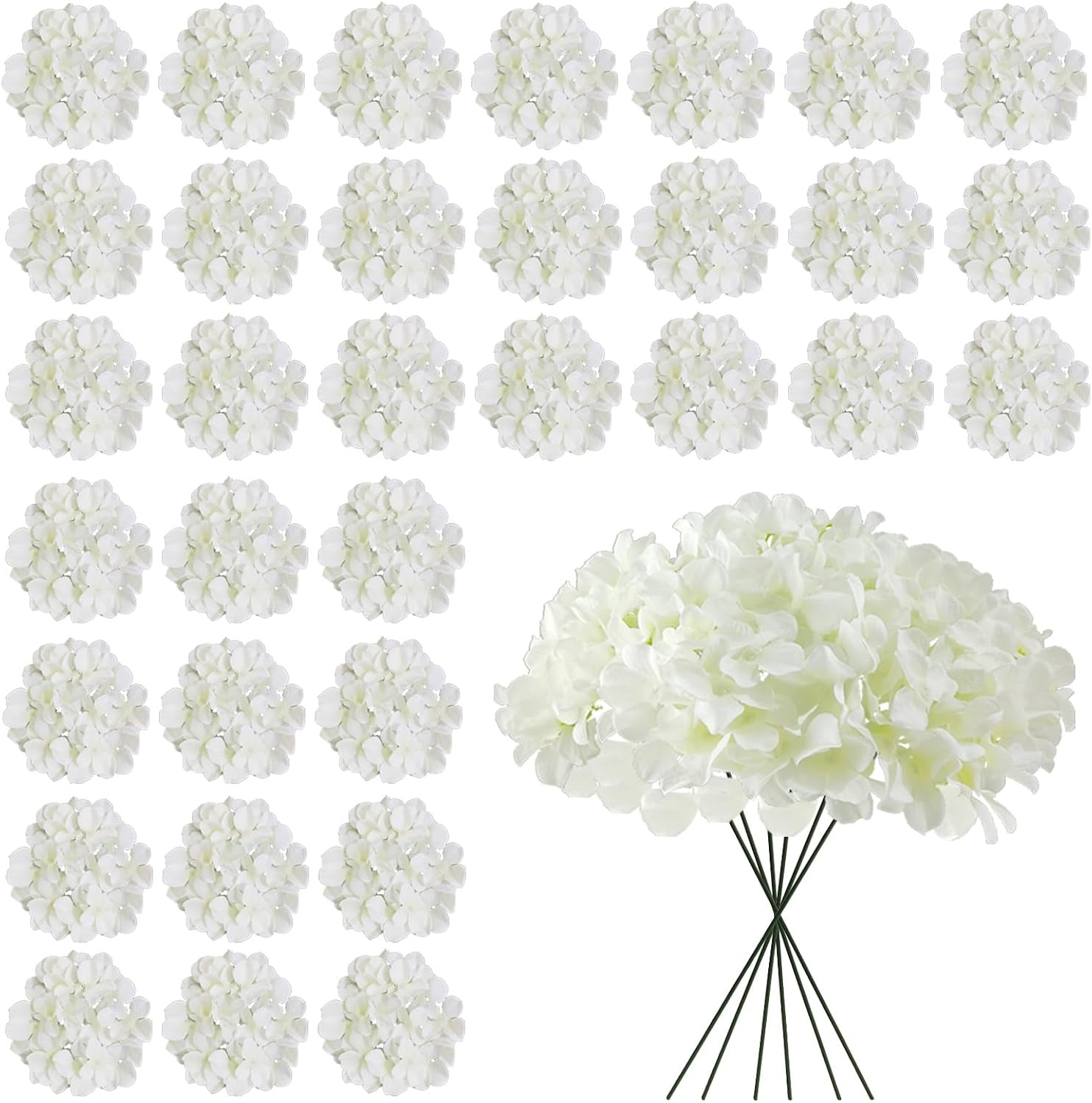 Bulk White Artificial Hydrangea Flowers, 30 Pcs Faux Silk Heads with Stems