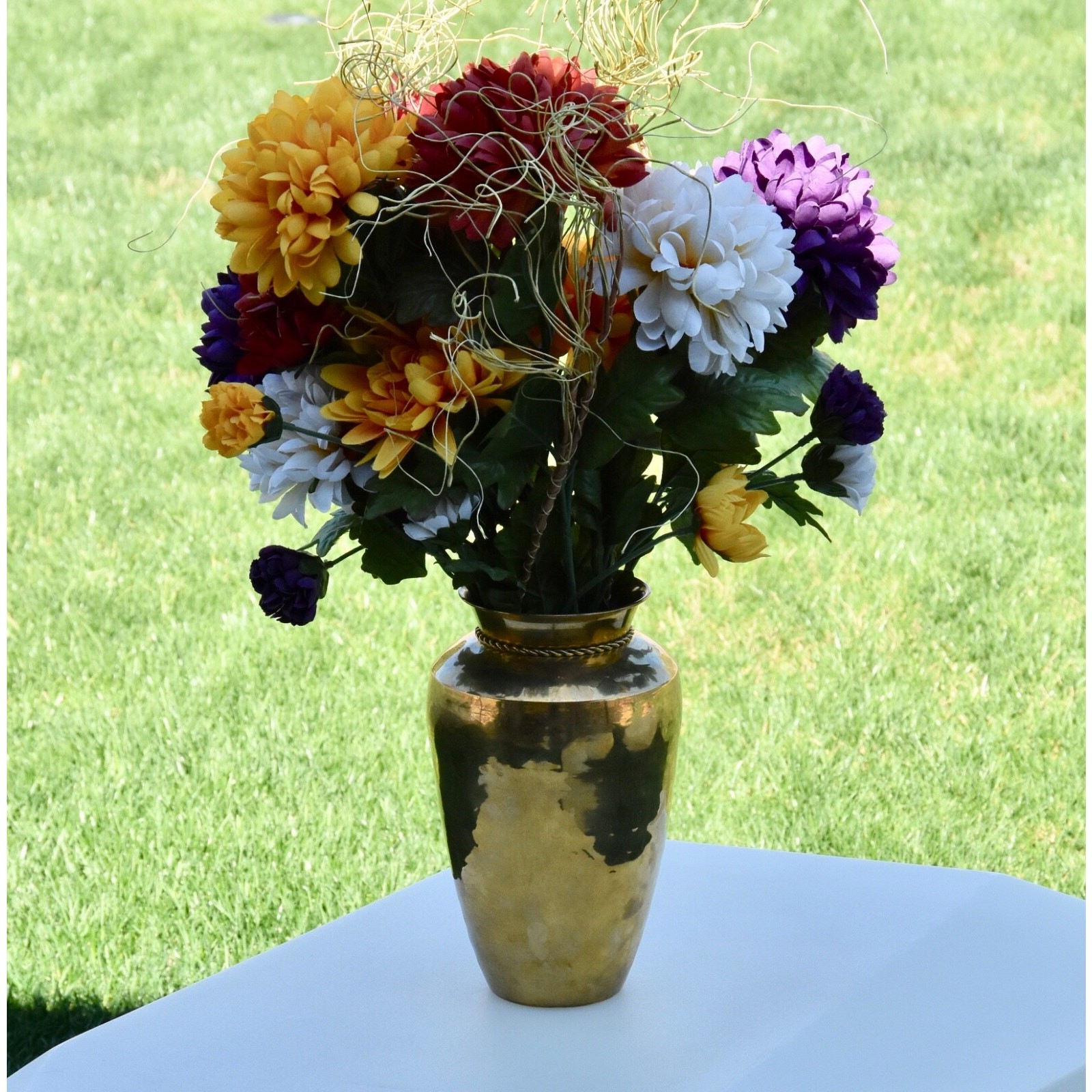 Hollywood Regency Aged Gold Trompe l’Oeil Rope & Tassel Silk Floral Brass Vase