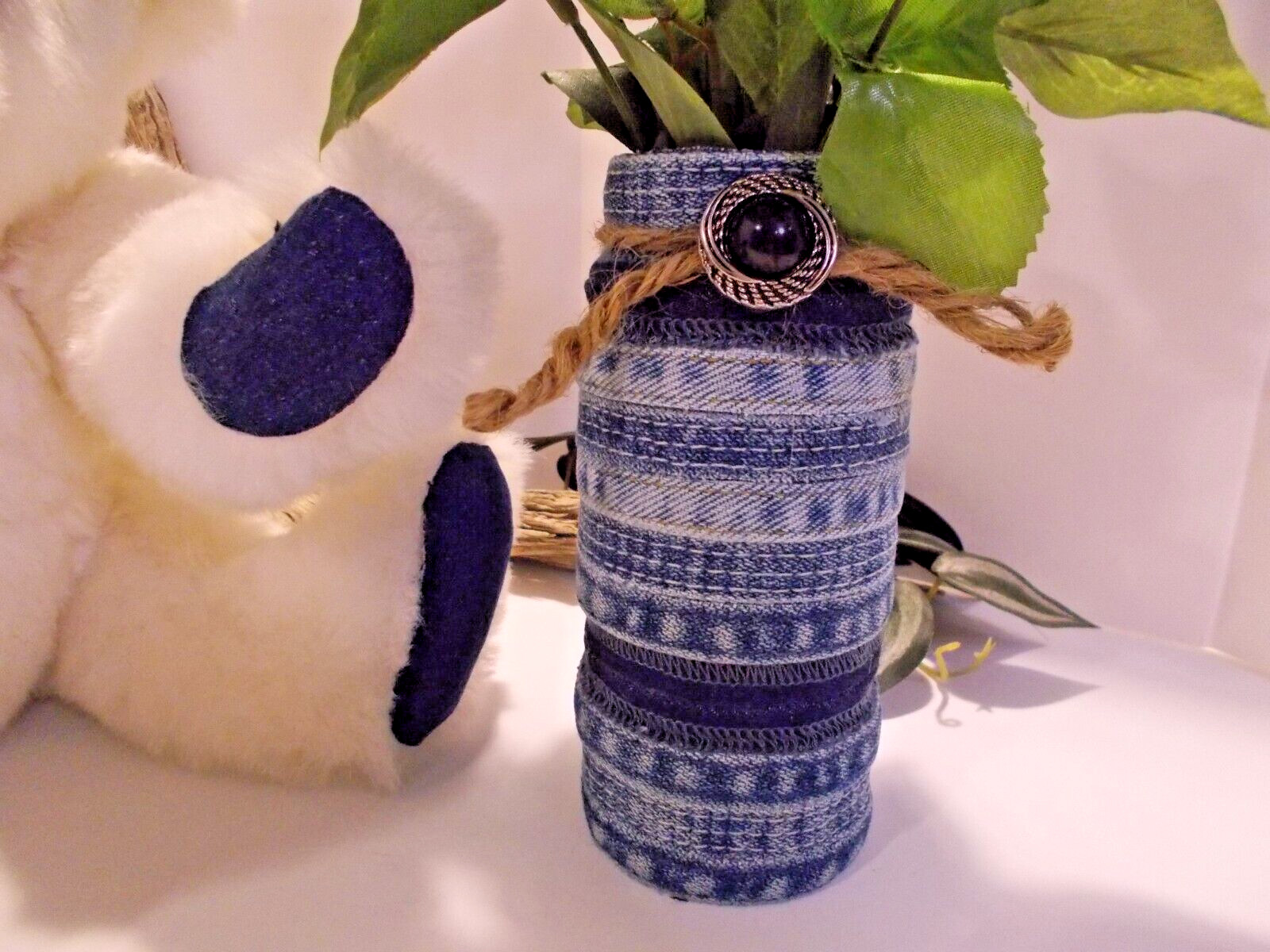 Handcrafted Denim 6 Rose Bouquet in Denim Seams Vase w Teddy Bear Upcycled Denim