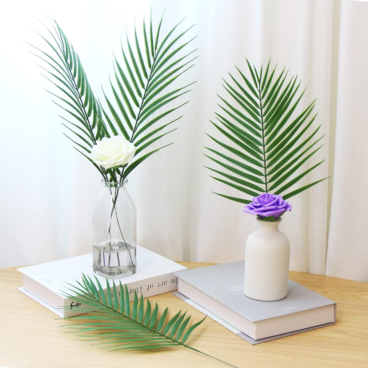 12 PCS Artificial Palm Leaves, Assorted Sizes Faux Large Palm Fronds Fake Tropic