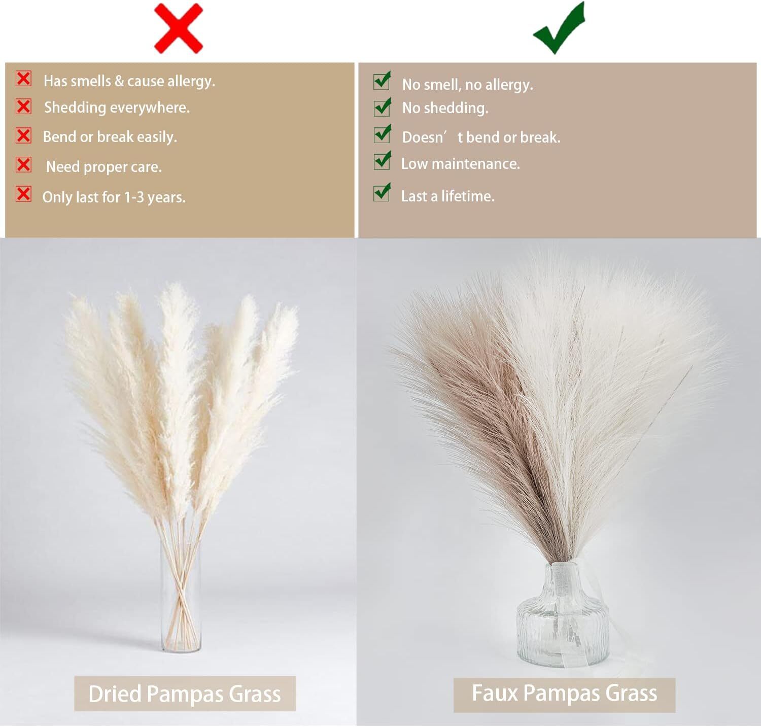 Faux Pampas Grass Decor. 6 Stems 17” Short Artificial Beige, Light Brown