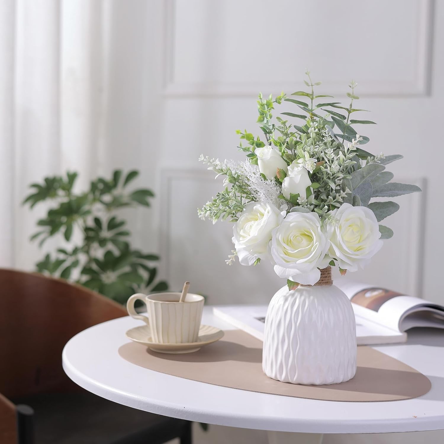 Artificial Flowers with Ceramic Vase,Faux Silk Roses and Fake Plant Eucalyptus