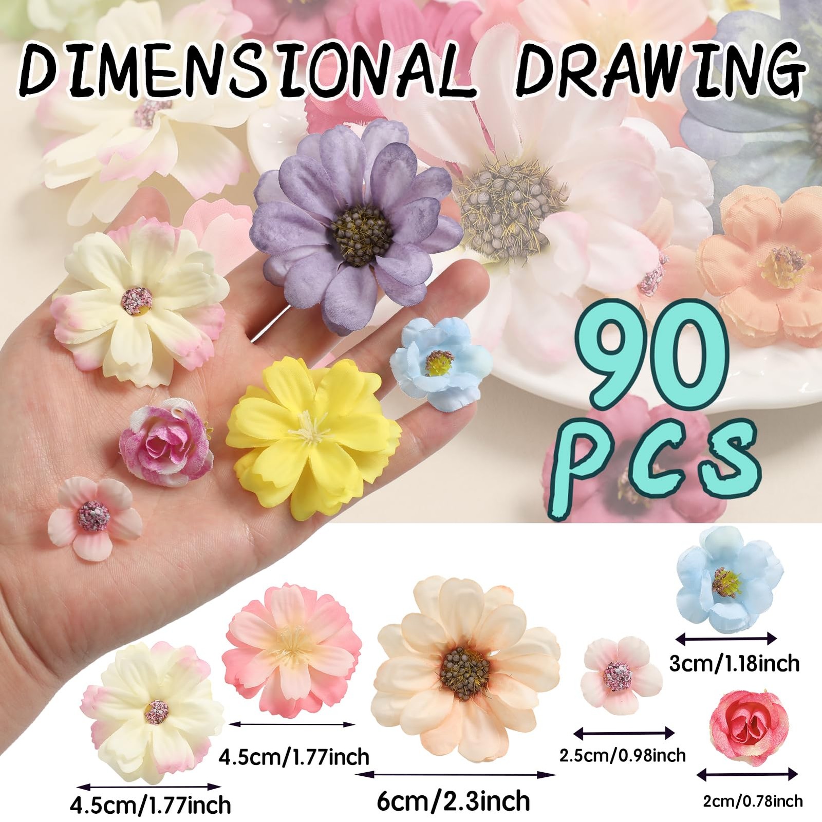 90 PCS Mini Artificial Silk Flower Heads Multicolor Peony Daisy Rose DIY