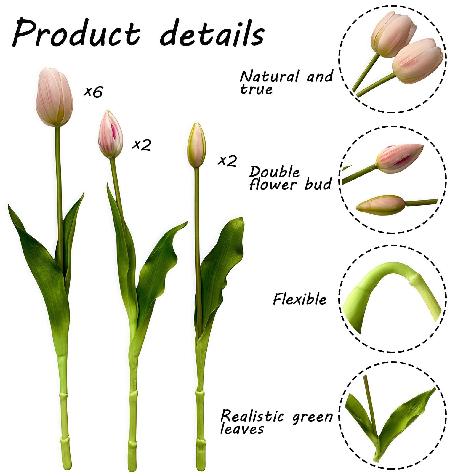 10 PCS Pink Artificial Tulip Flowers Real Touch Plastic Faux Bouquet Decor