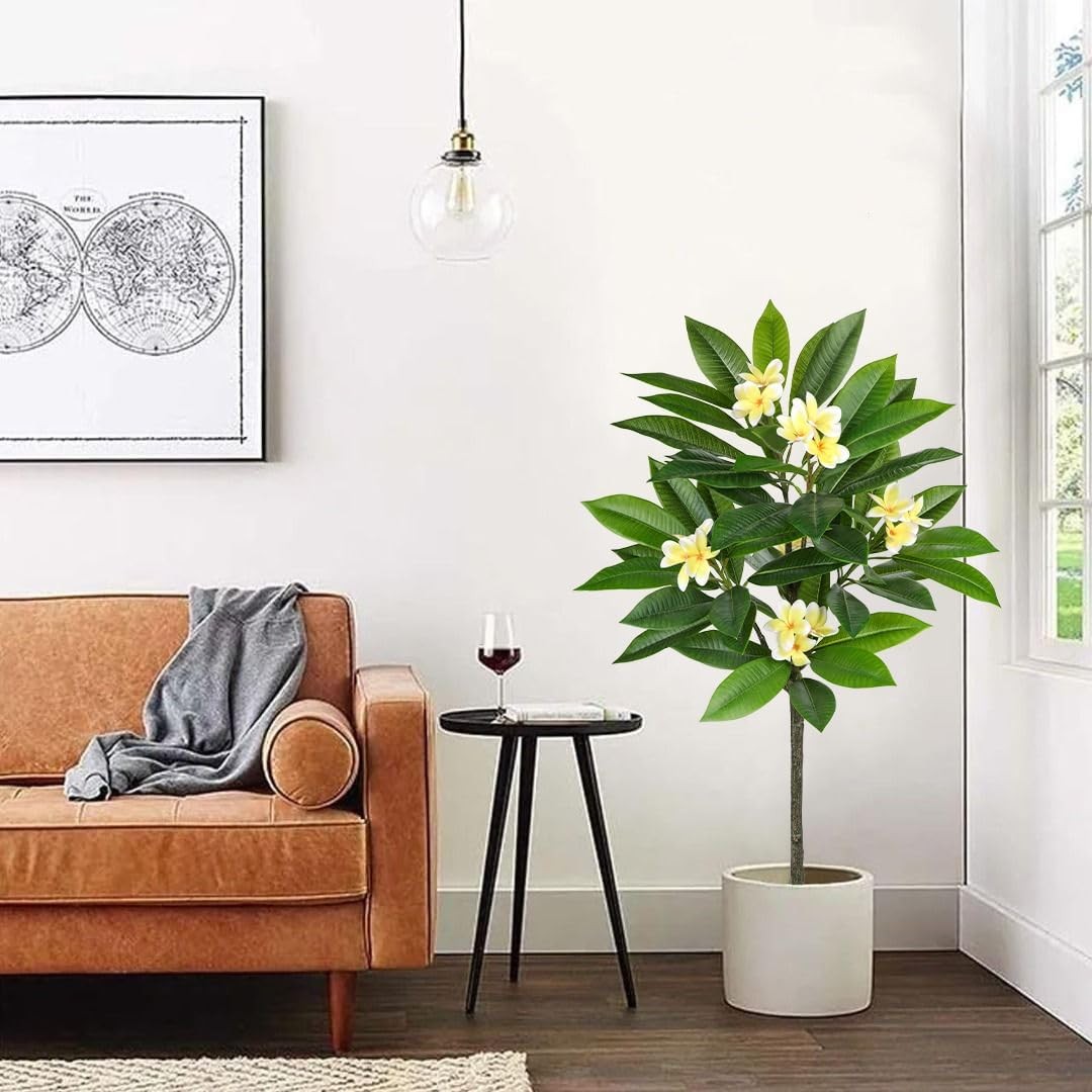 Artificial Plants Indoor 4.17ft Fake Tropical Plumeria Flowers Tree in Black Pot