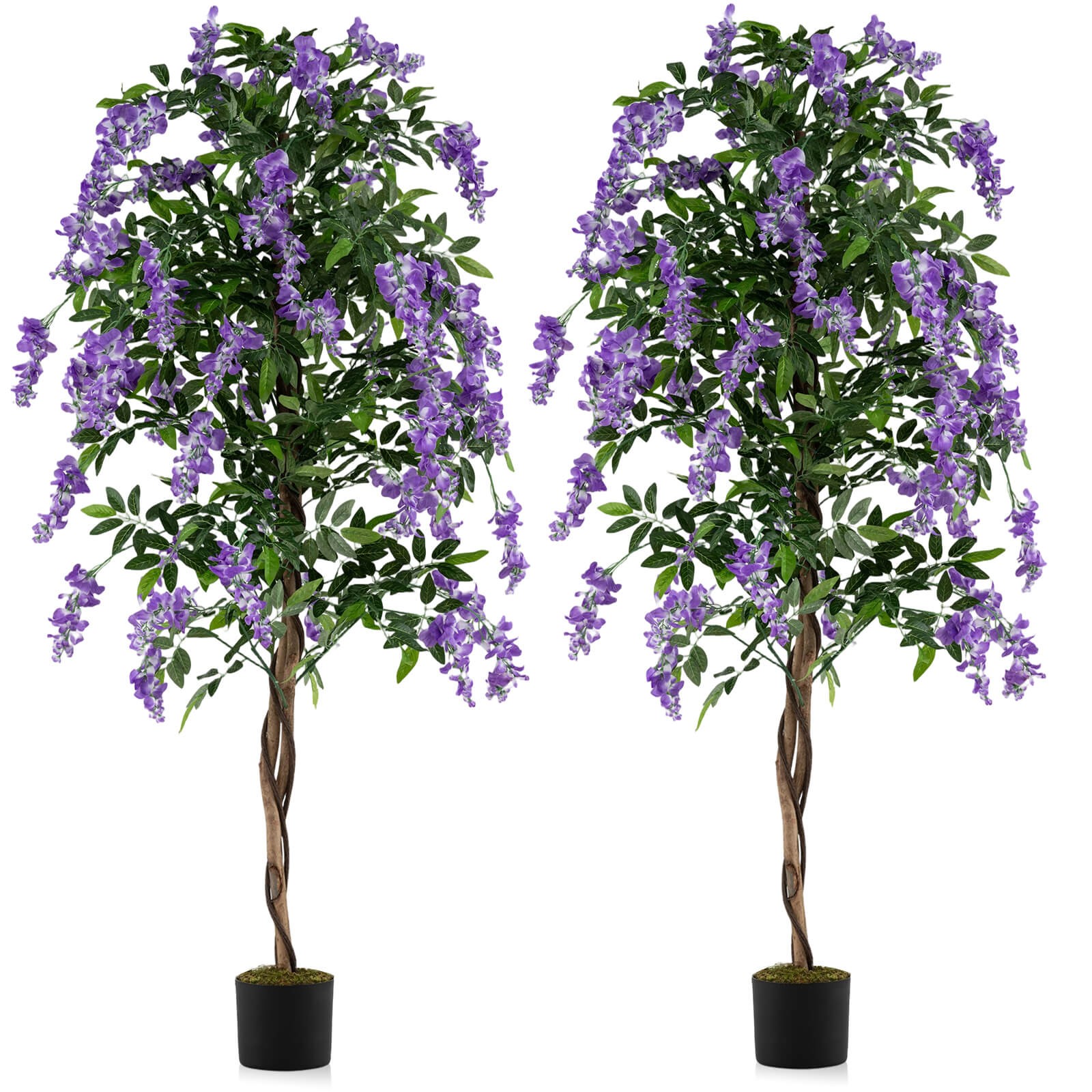6 FT Artificial Wisteria Tree Set of 2 w/Natural Trunks Purple Lifelike Flowers