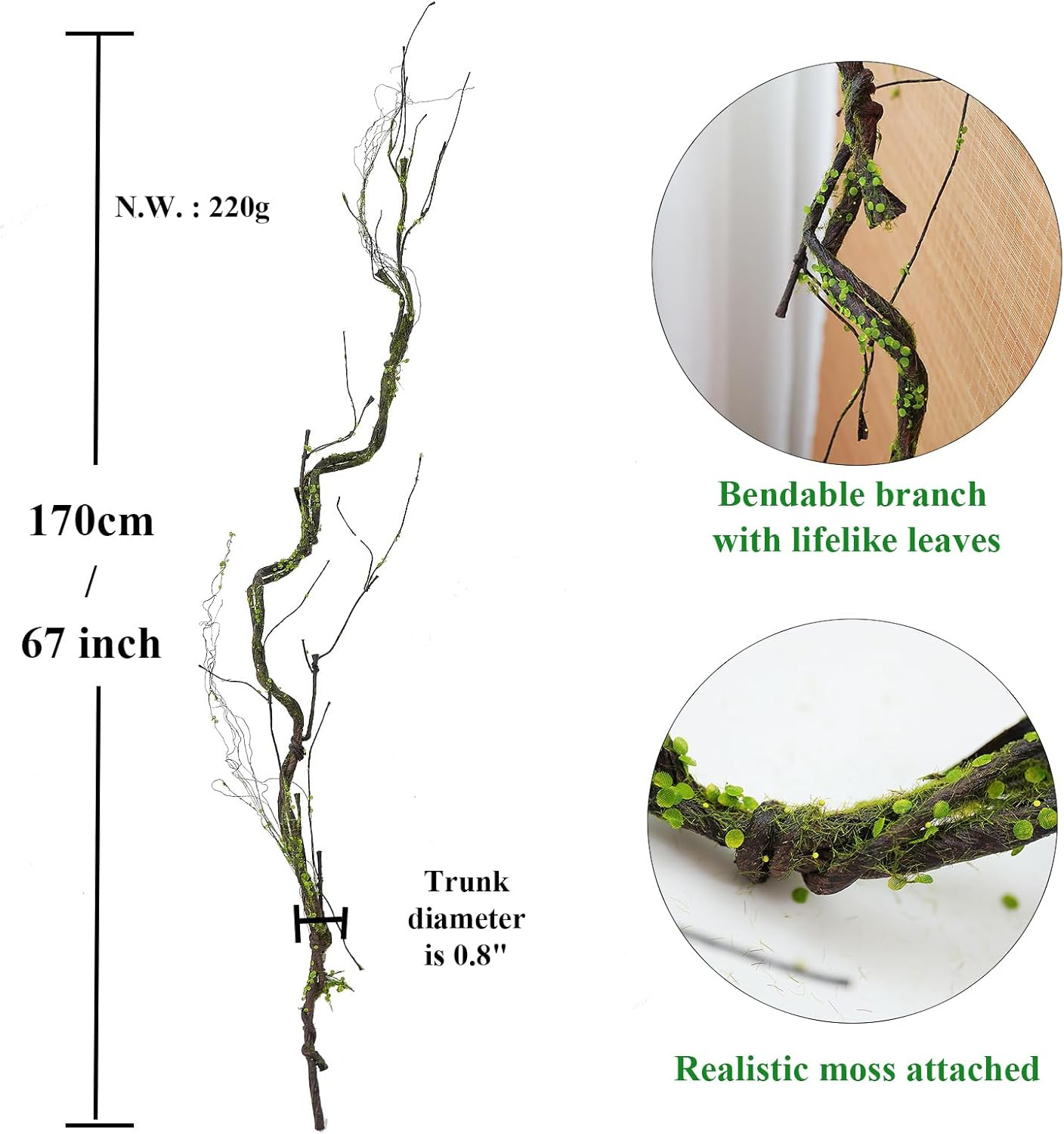 2Pcs 67Inch Artificial Bendable Twigs Branches Reptile Climbing Vines Trunk Grap