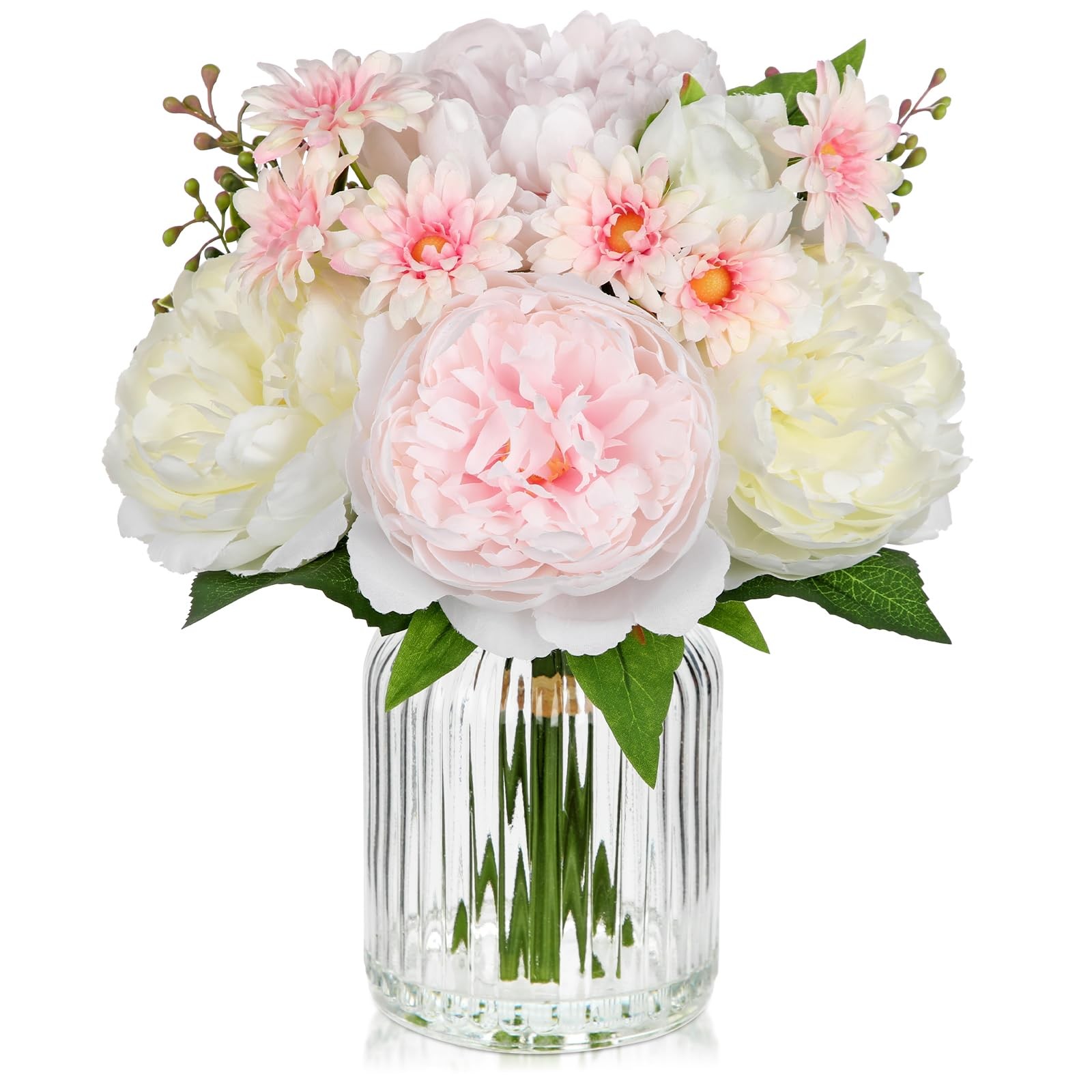 Pink Silk Peony Daisy Artificial Flowers In Vase Faux Floral Table Centerpiece