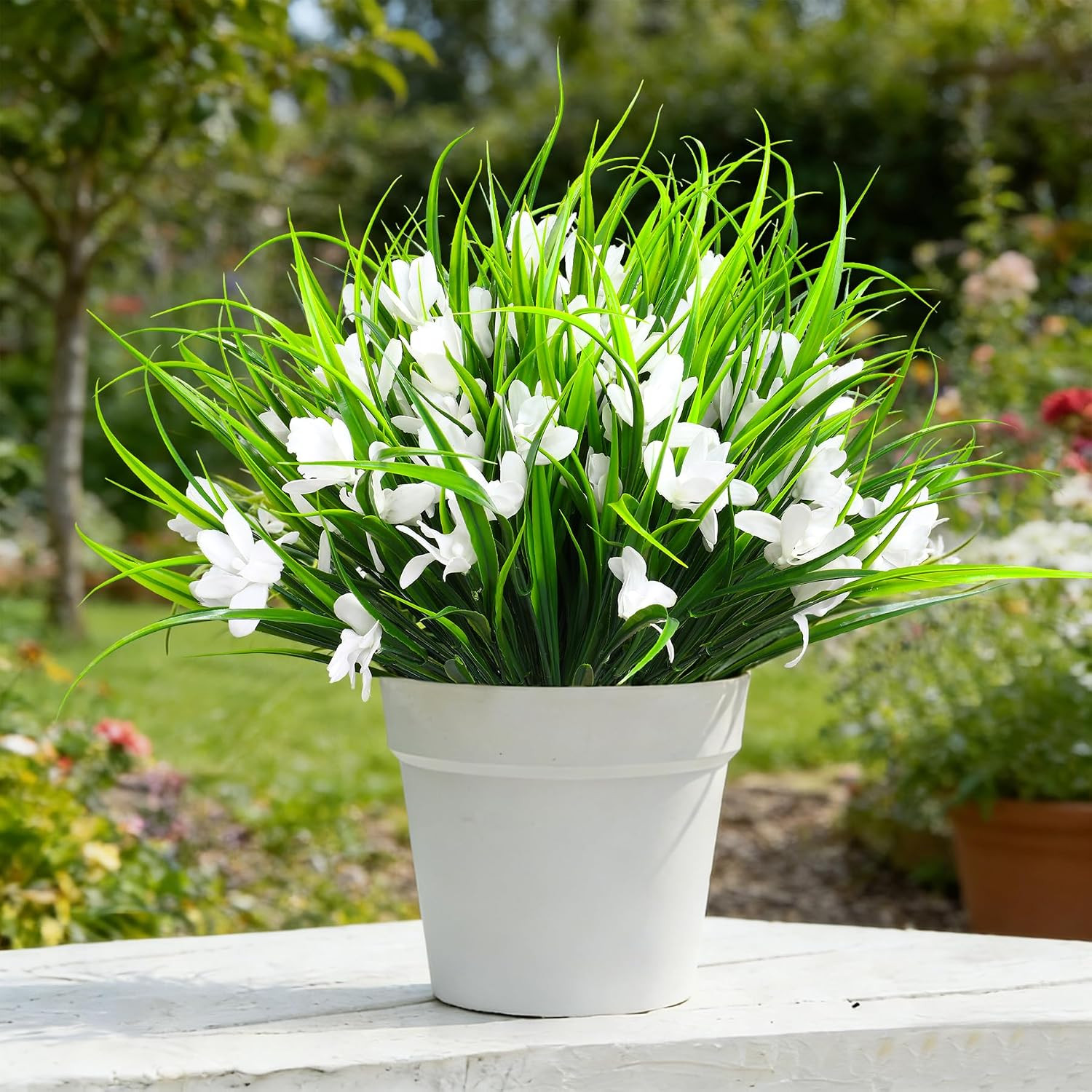 16 Bundles UV Resistant Fake Monkey Grass Flowers for Outdoor Planters, White