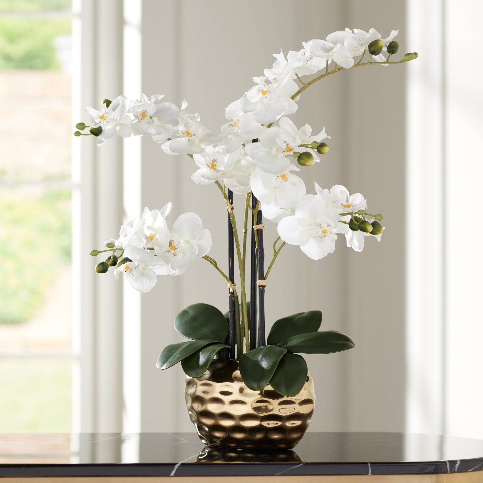 Potted Faux White Phalaenopsis Artificial Flowers in Silver Gold Pot Home Decor