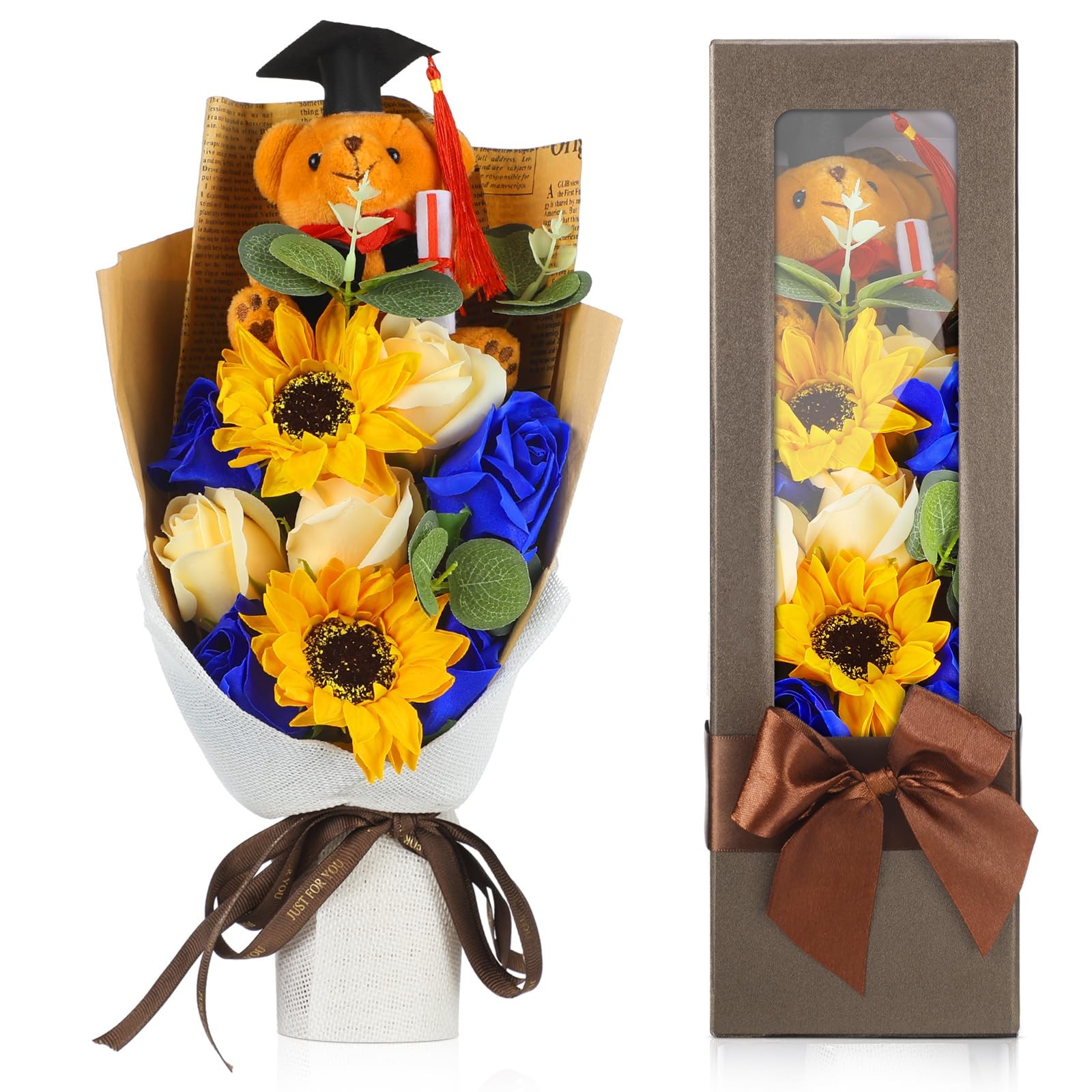 13″ Blue Graduation Rose Sunflower Scented Soap Flower Bouquet Plush Bear