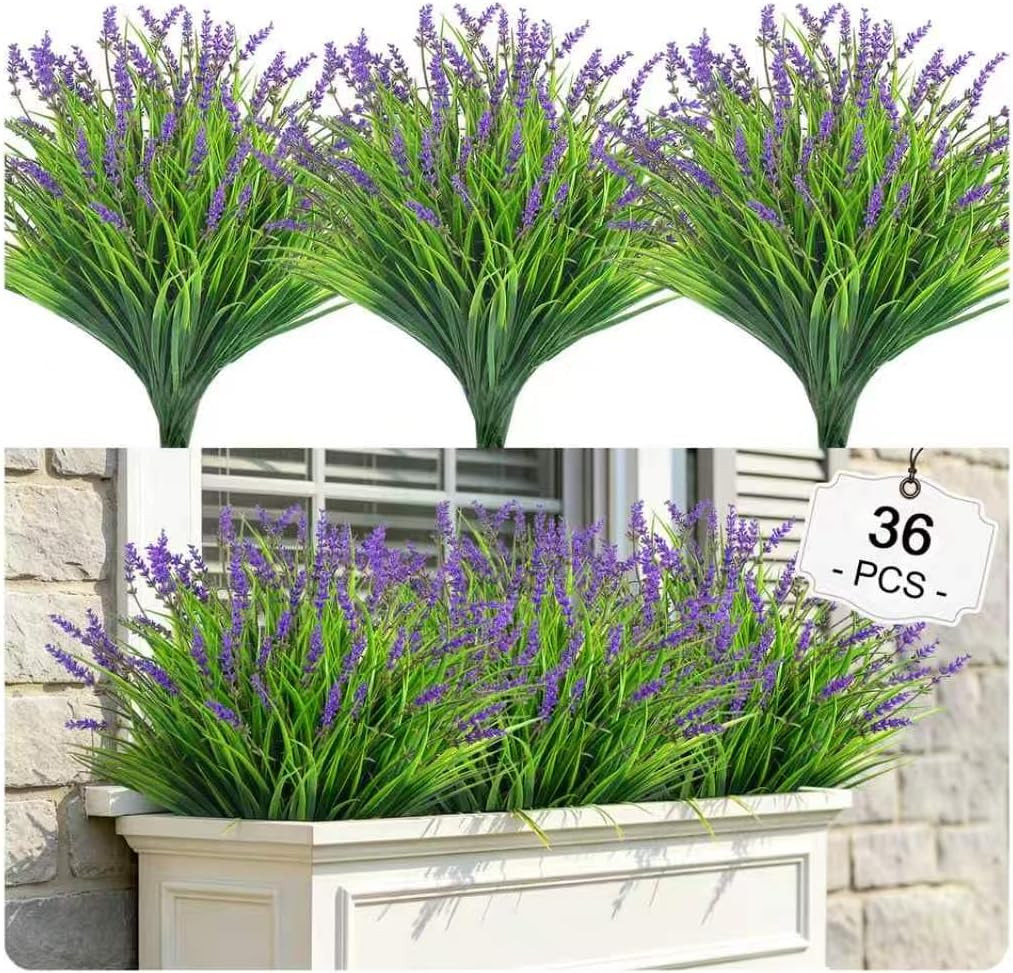 36 Bundles UV Resistant Fake Lavender & Monkey Grass for Indoor/Outdoor Decor