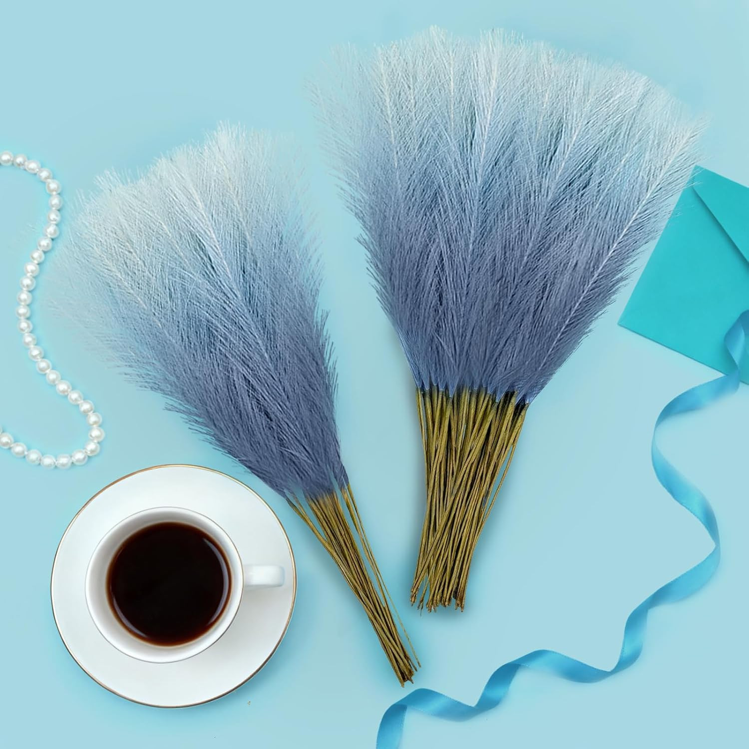 Light Blue Pampas Grass Decor, 50Pcs 21.6 Inch Artificial Faux Pompas Grass Smal
