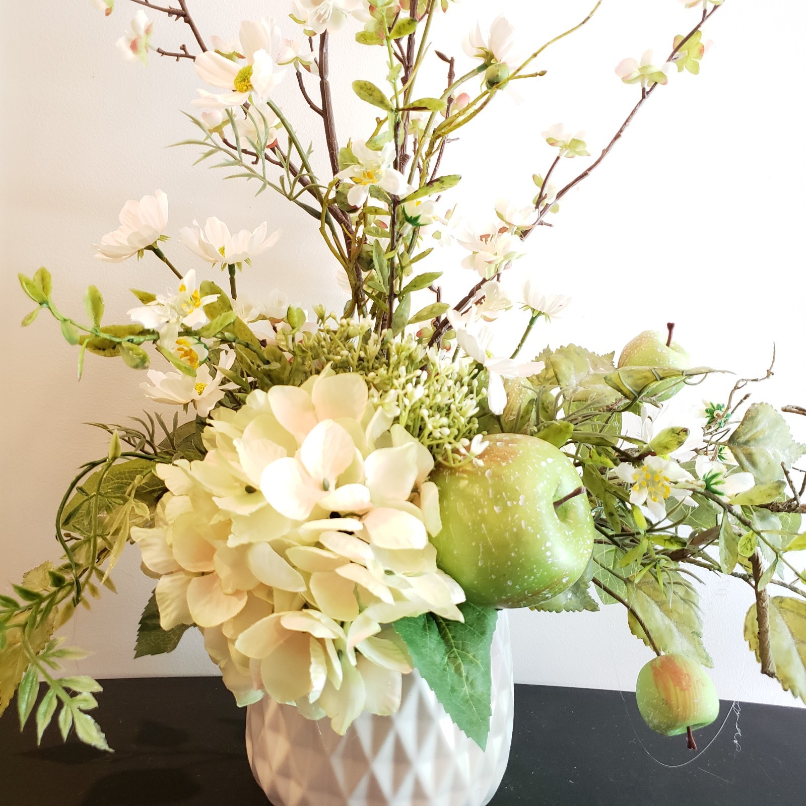 Neutral Apple Blossom Centerpiece, Farmhouse Hydrangea Arrangement, Green Apple