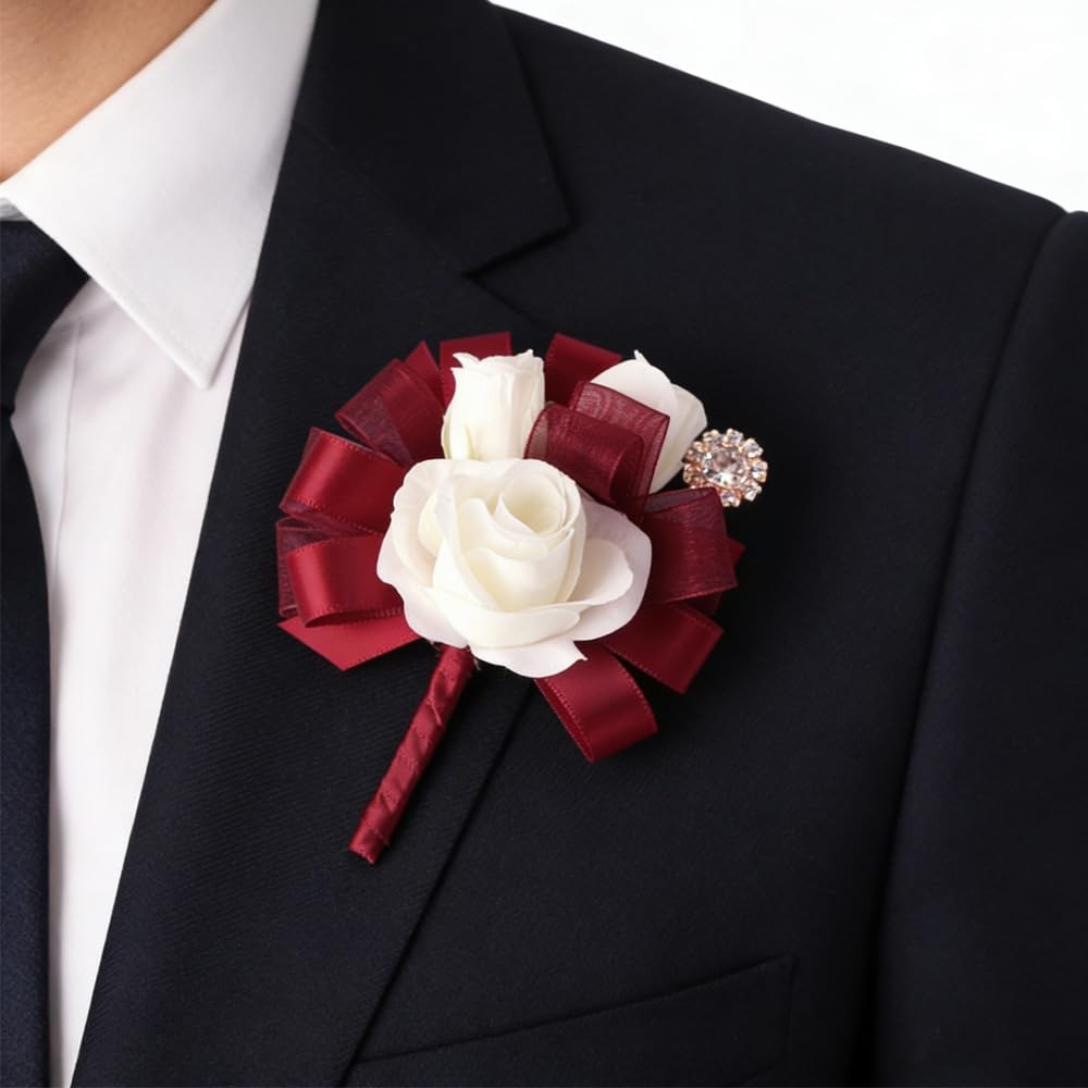 Prom Corsage Boutonniere Set Ivory Rose Wristlet Wedding Homecoming Red Ivory