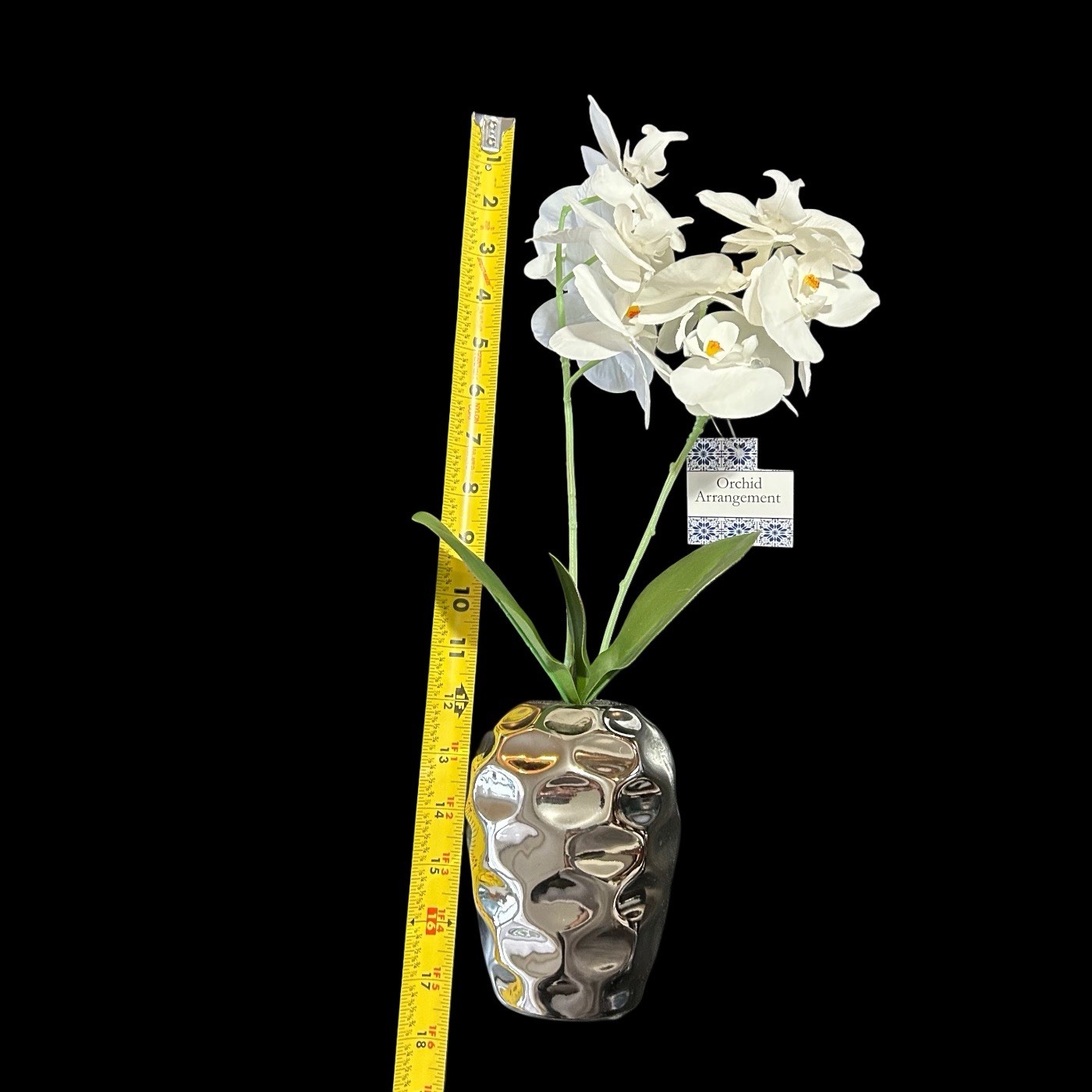 Orchid Floral Plant In Silver Metallic Vase 17” Table Art Modern Home Decor New