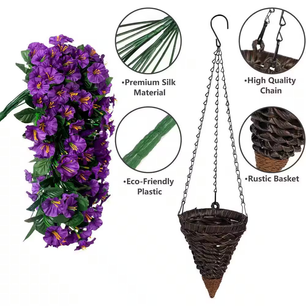 11 In. Artificial Faux Hanging Flowers Plants Basket, Fake Silk Purple Morning G