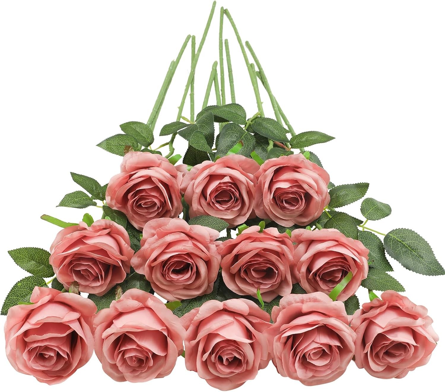 12 Pcs White Roses Long Stem, Artificial Silk Bouquet Wedding DIY