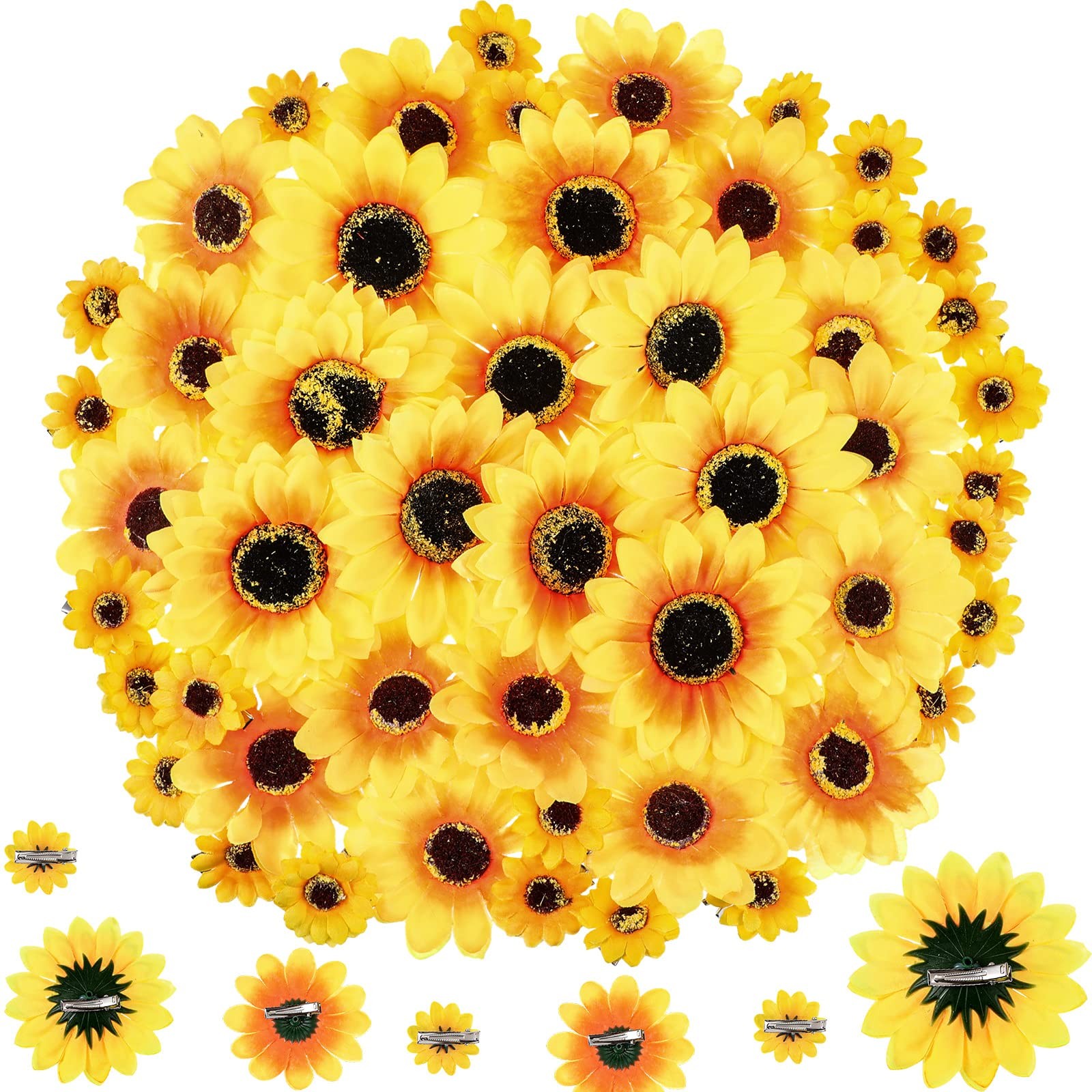 50PCS Clip-On Artificial Sunflowers Faux Silk Yellow Flowers for DIY Crafts