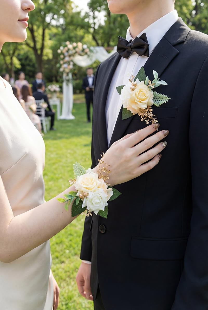 Champagne Corsage and Boutonniere Set for Wedding Prom, Artificial Rose Flowe…