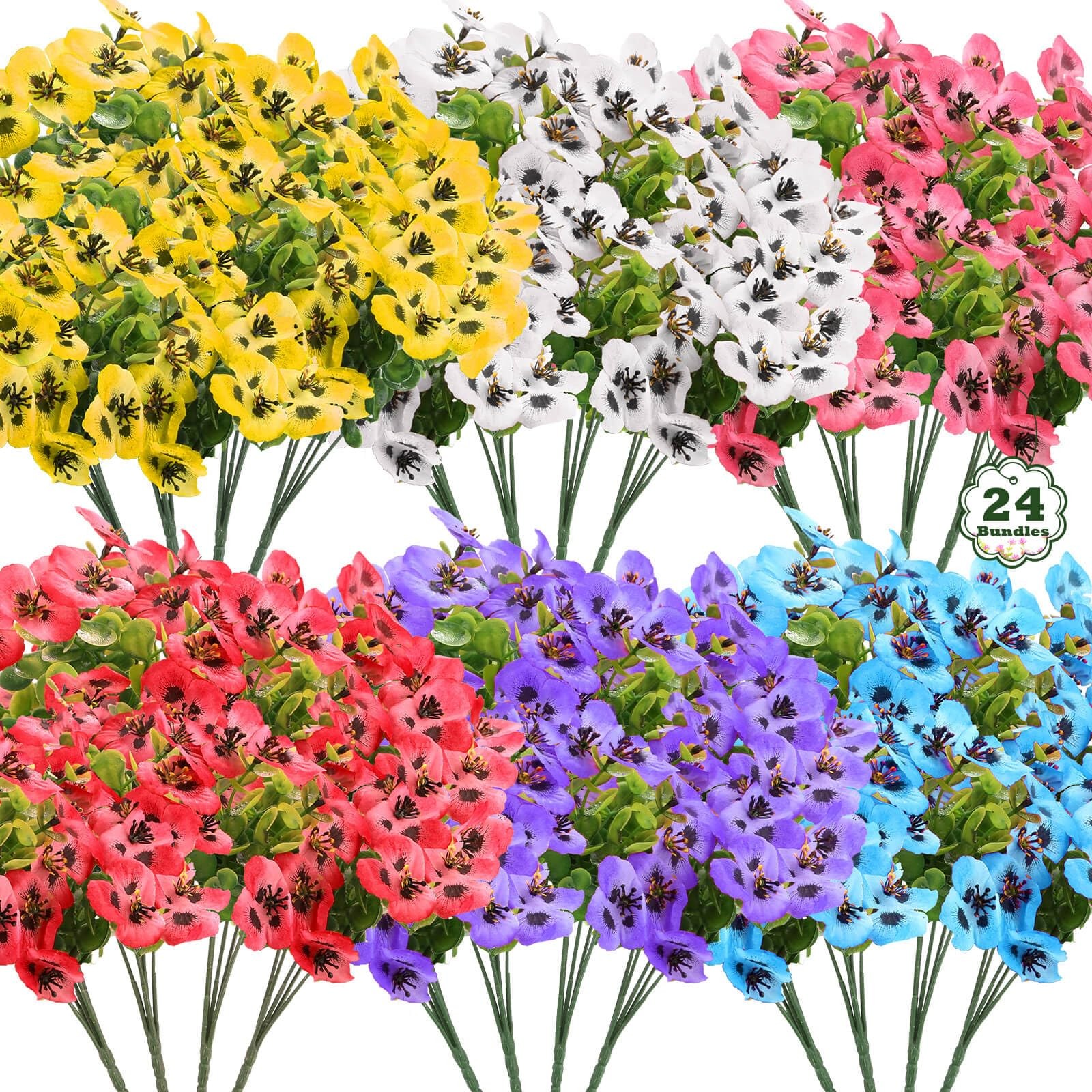 24 Bundles Artificial Flowers for Outdoor, Faux UV Resistant Silk Pansies Flo…