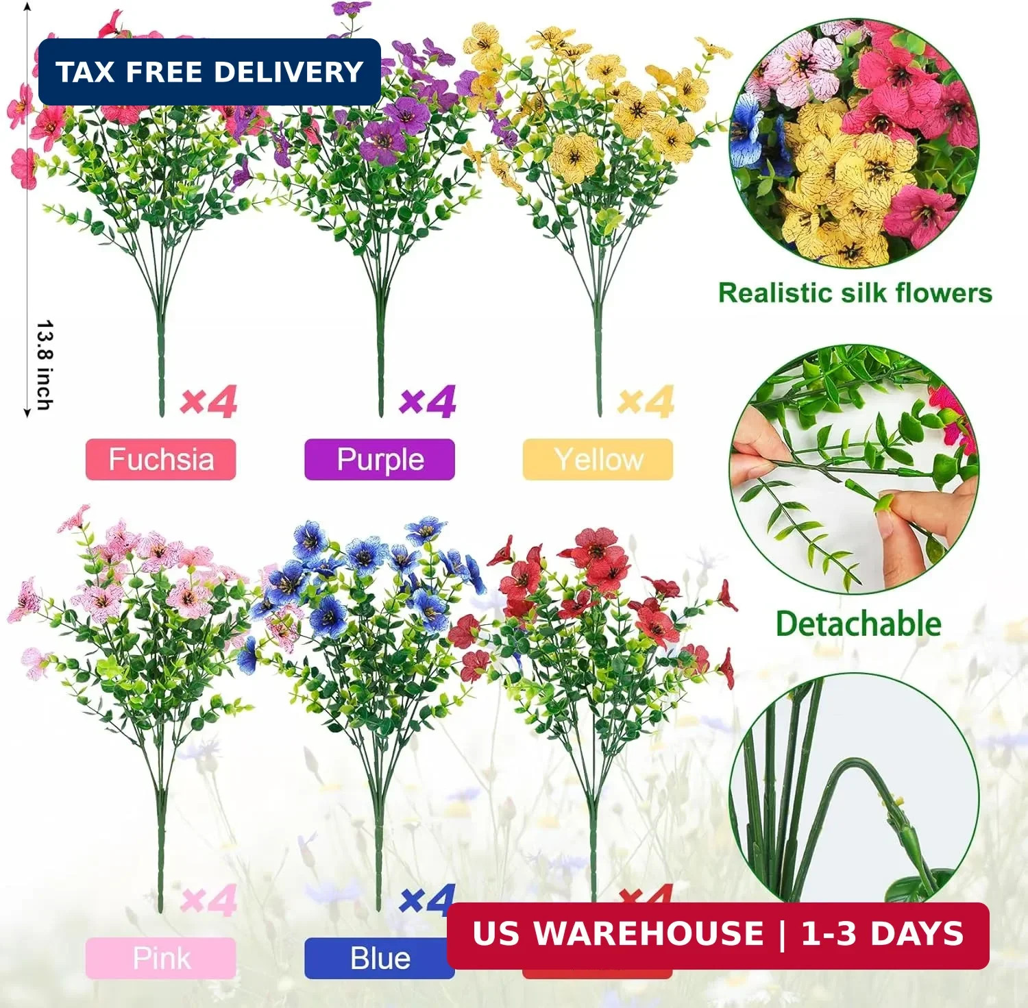 24 Bundles Artificial Flowers for Outdoors UV Resistant Faux Plants