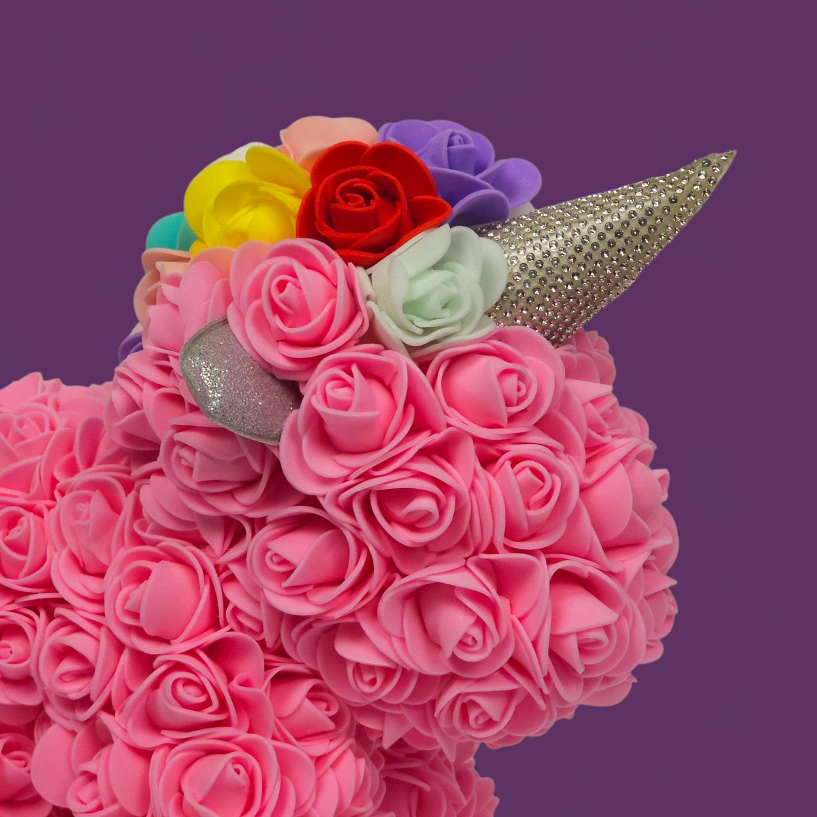 Rose Unicorn Gift – Pink Foam Flowers, Rainbow Mane, “Just For You” Box Damaged