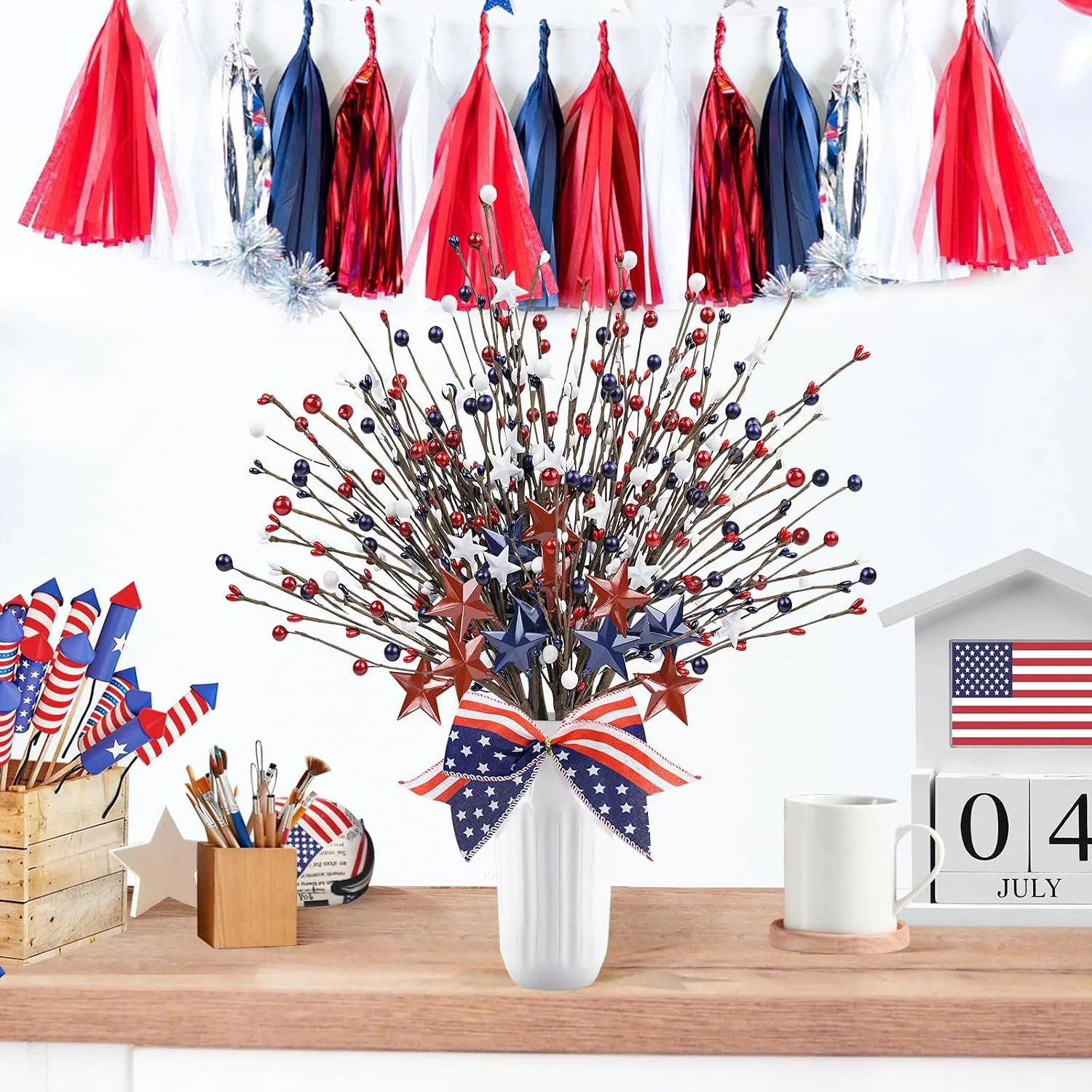 8 Pack Patriotic Artificial Berry Stem Picks,17.5″ Red White Blue Stars with Bow