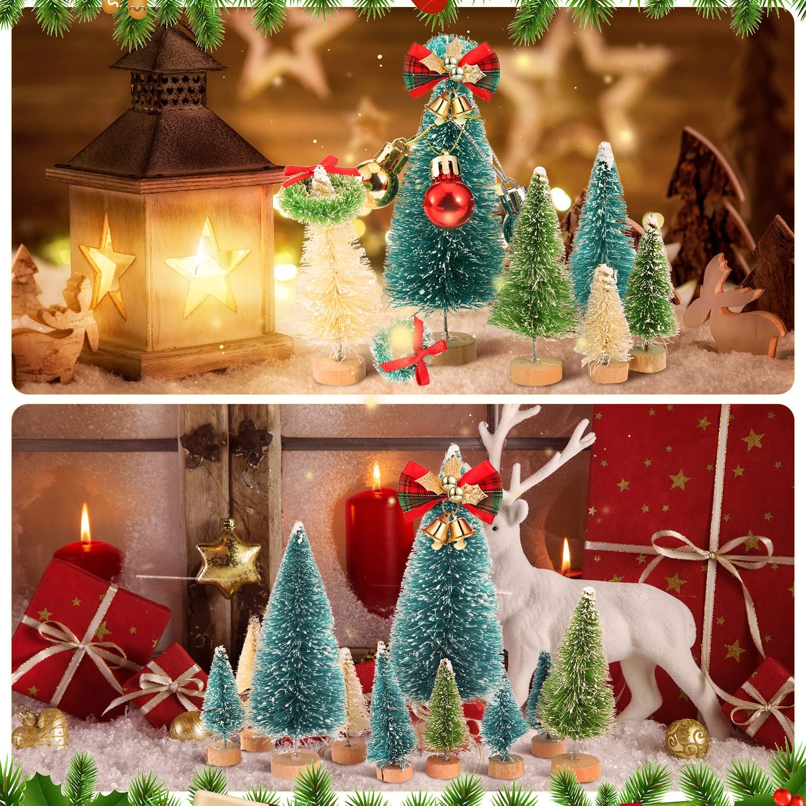 67 PCS Miniature Christmas Trees Set Sisal Frosted Xmas Crafts Table Decor