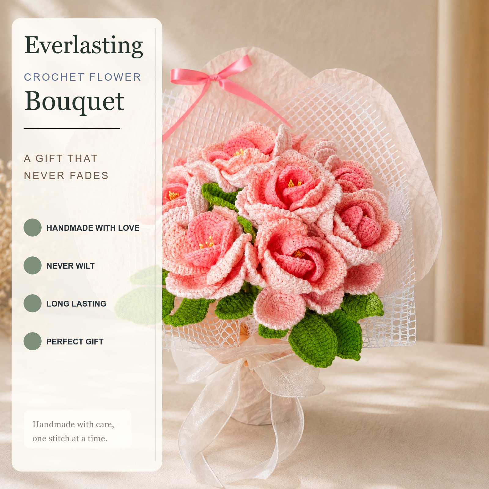 Pink Crochet Rose Bouquet Wedding Anniversary Gift for Her