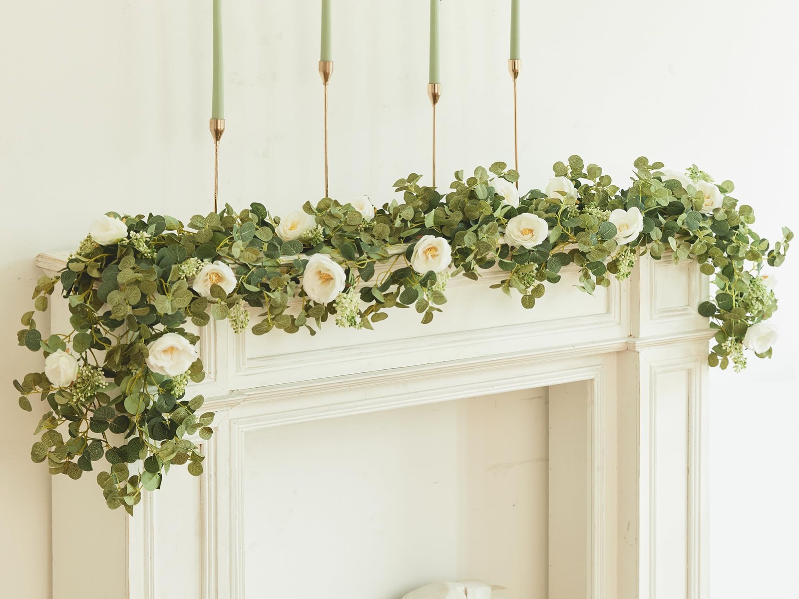 Handmade White Eucalyptus Garland with Roses for Wedding Baby Shower Decor
