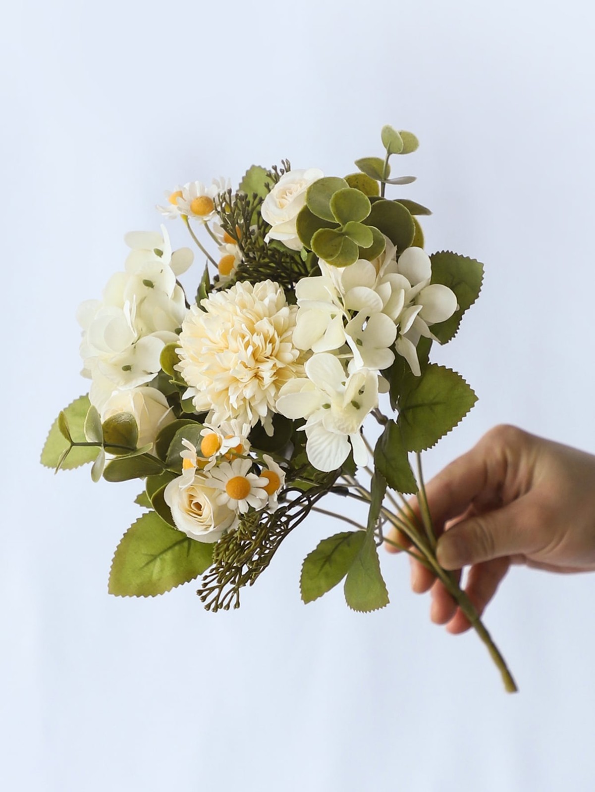 2pcs White Lifelike Artificial Flower Bouquet With Roses Hydrangea And Daisies