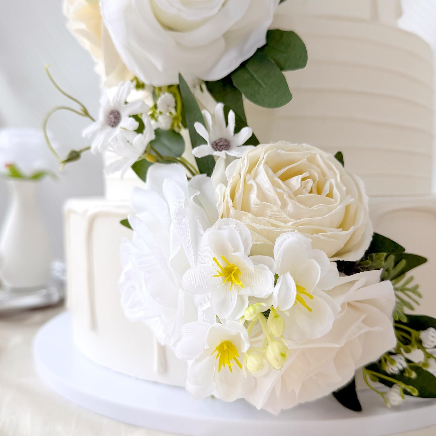 Pre-Made Ivory White Champagne Artificial Cake Flowers Set Silk Roses DIY Cak…