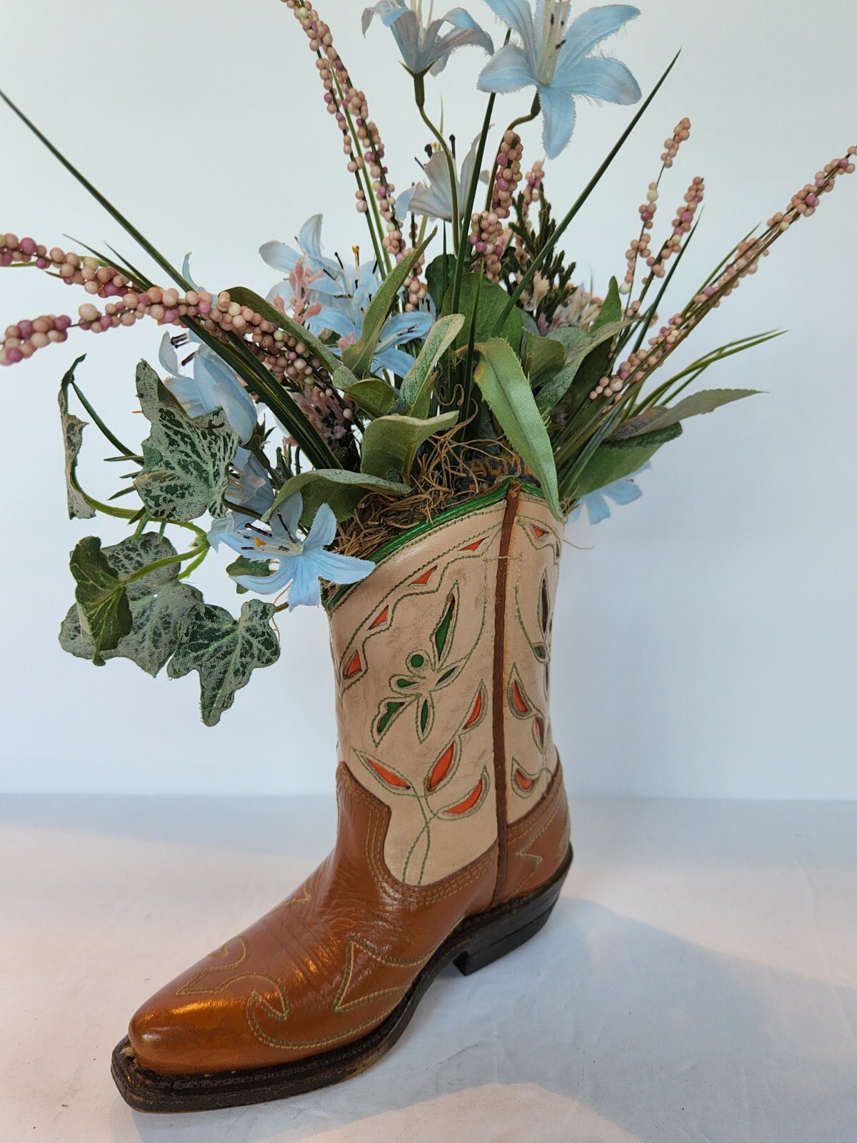 Acme Leather Western Cowboy Boot 4.5D Blue Floral Decor Arrangement Farmhouse