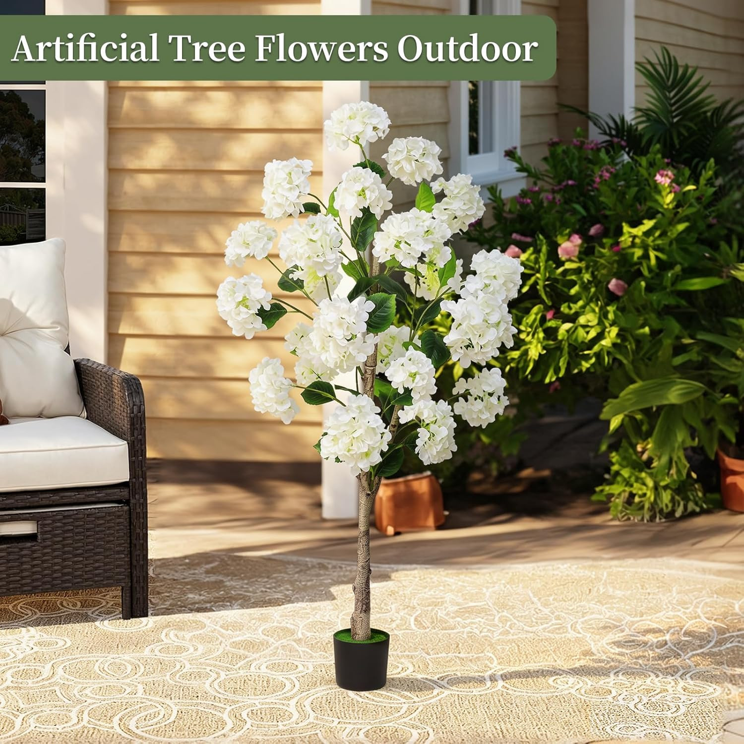4FT White Hydrangea Artificial Tree – Lifelike Silk Floral Decor for Home & Gard