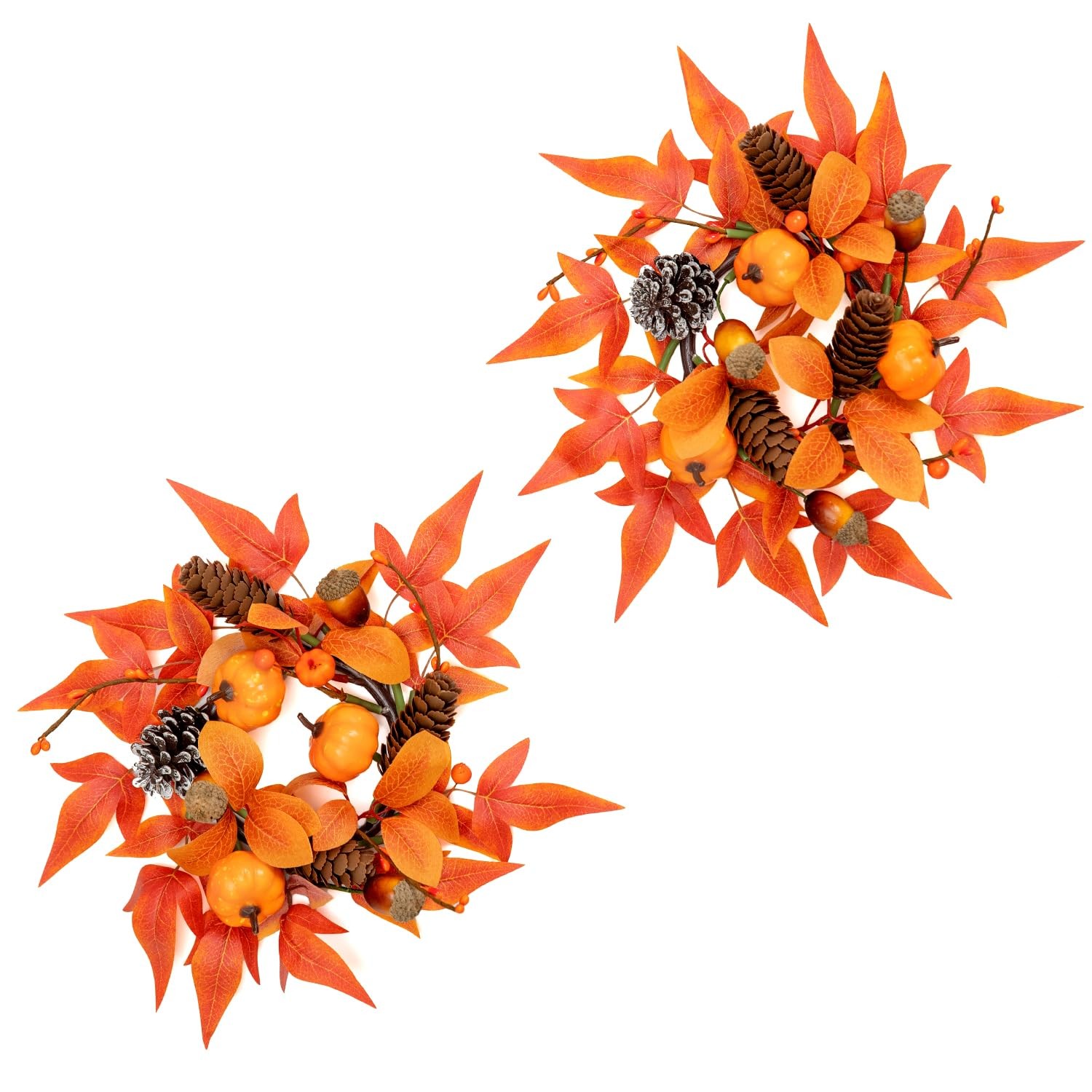 2 Pcs Mini Fall Orange Pumpkin & Maple Candle Rings Wreath for Pillars Home T…