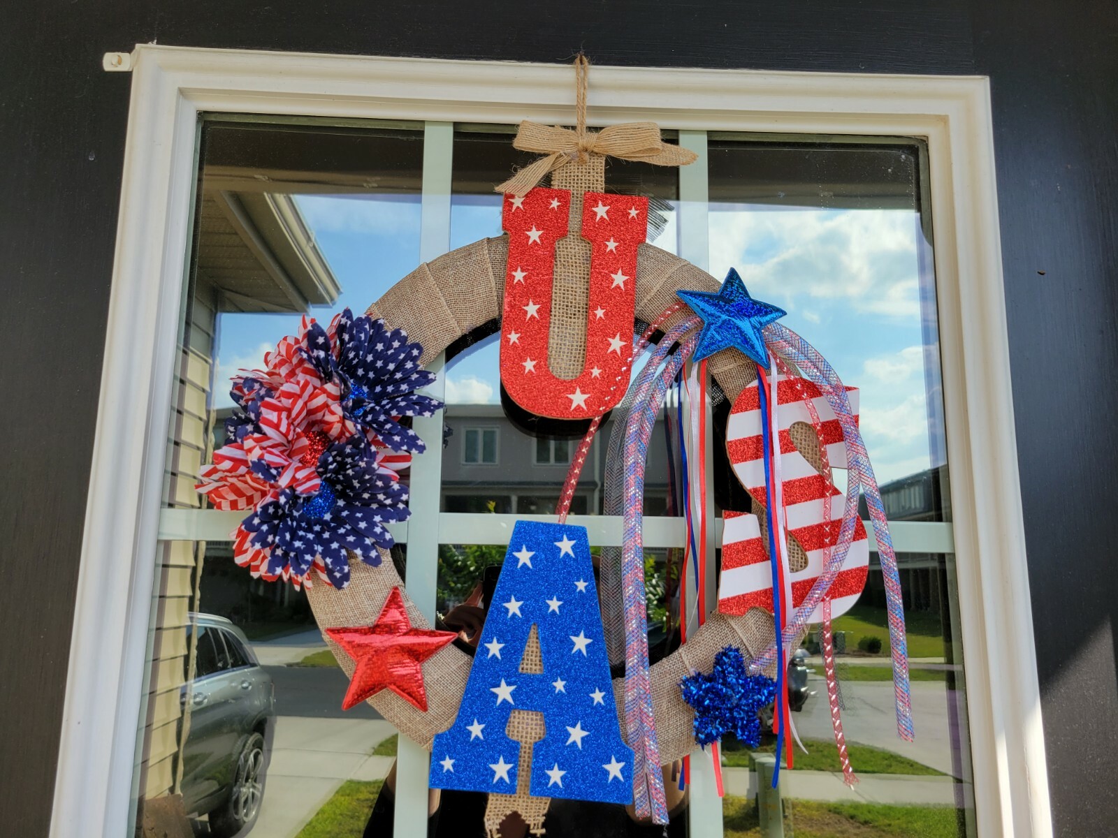 USA sparkling red white blue burlap Door WREATH patriotic 4th of July fireworks