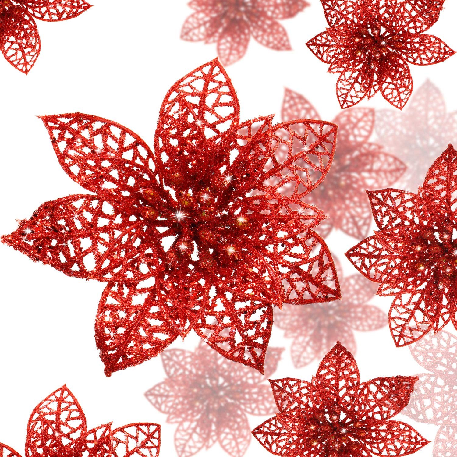 36 PCS Christmas Poinsettia Flowers Artificial Tree Ornaments Glitter Decor