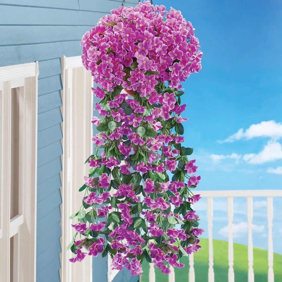 Set of 2 Artificial Cascading Purple Blossoms Hanging Baskets/Vases Bushes