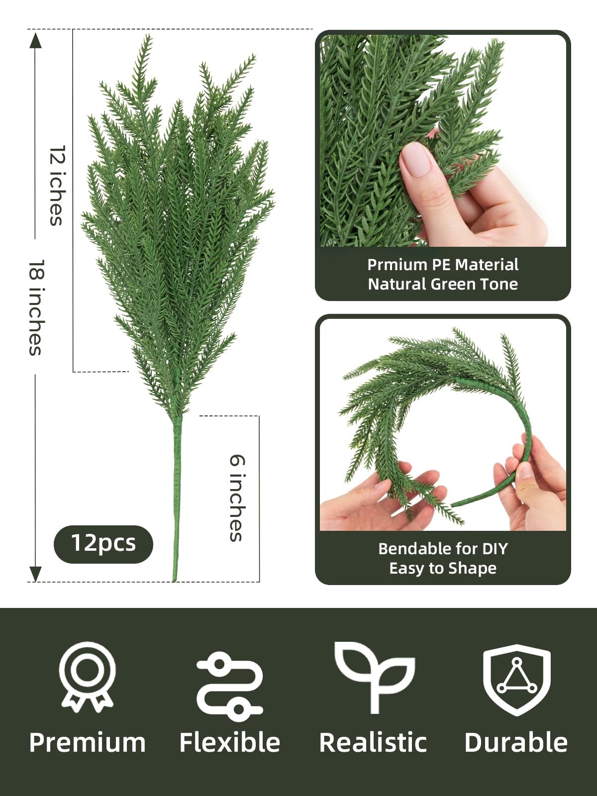 12Pcs 18” Norfolk Pine Stems Realistic, Lifelike Christmas Greenery Pine Bra…