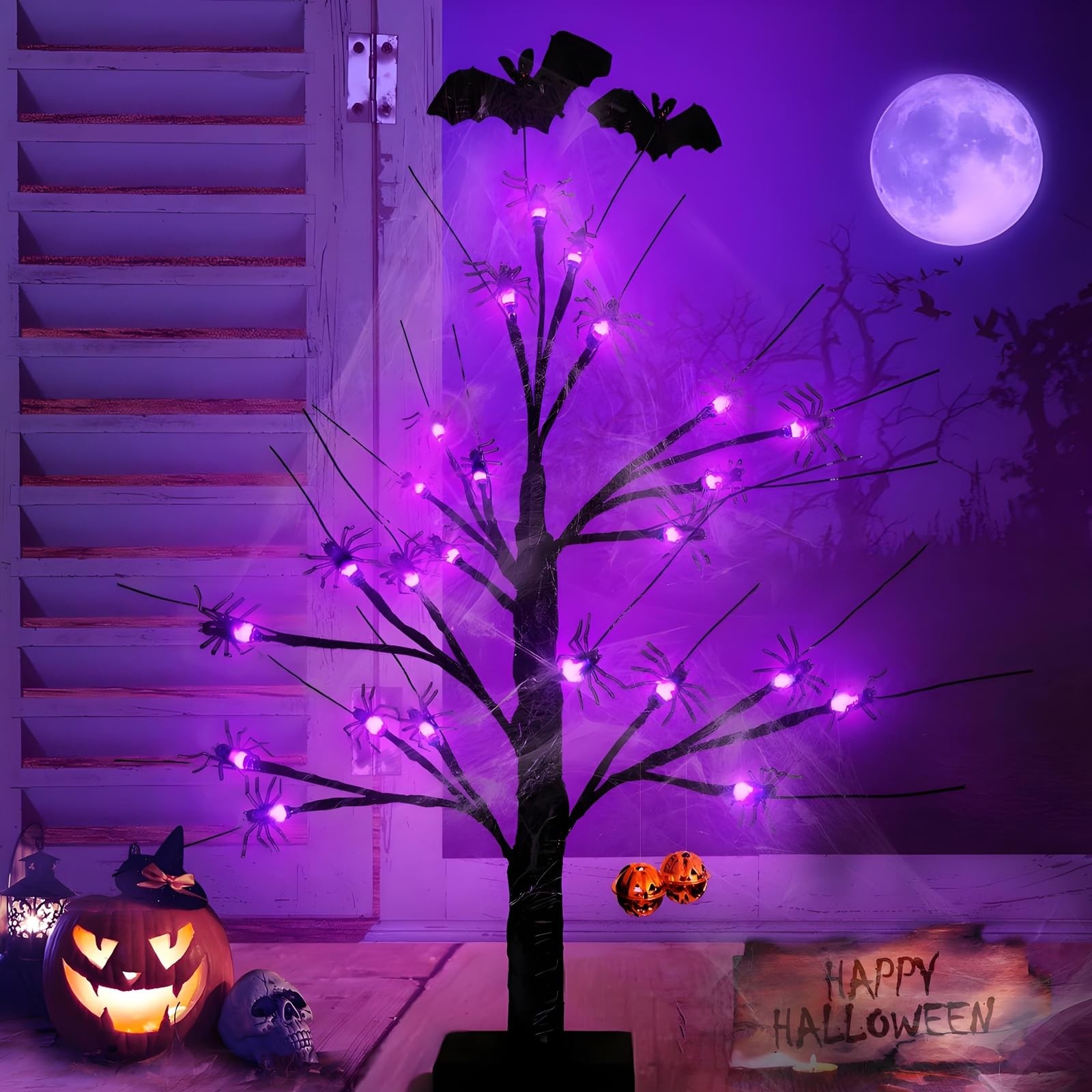 Halloween Decorations Indoor Spider Lights Tree, 2Ft Black Spooky Tree with S…