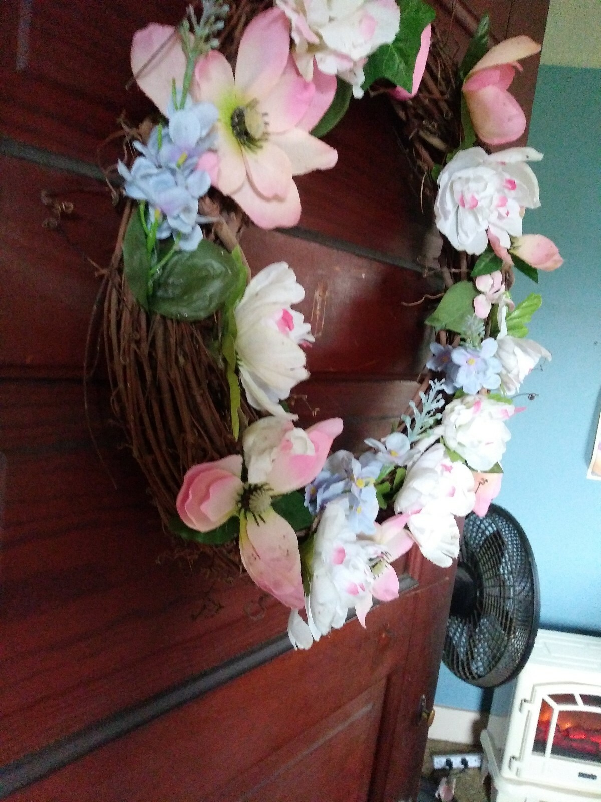 Springtime Pink, White And Blue Flowers W/green Leaves Grapevine Wreath…
