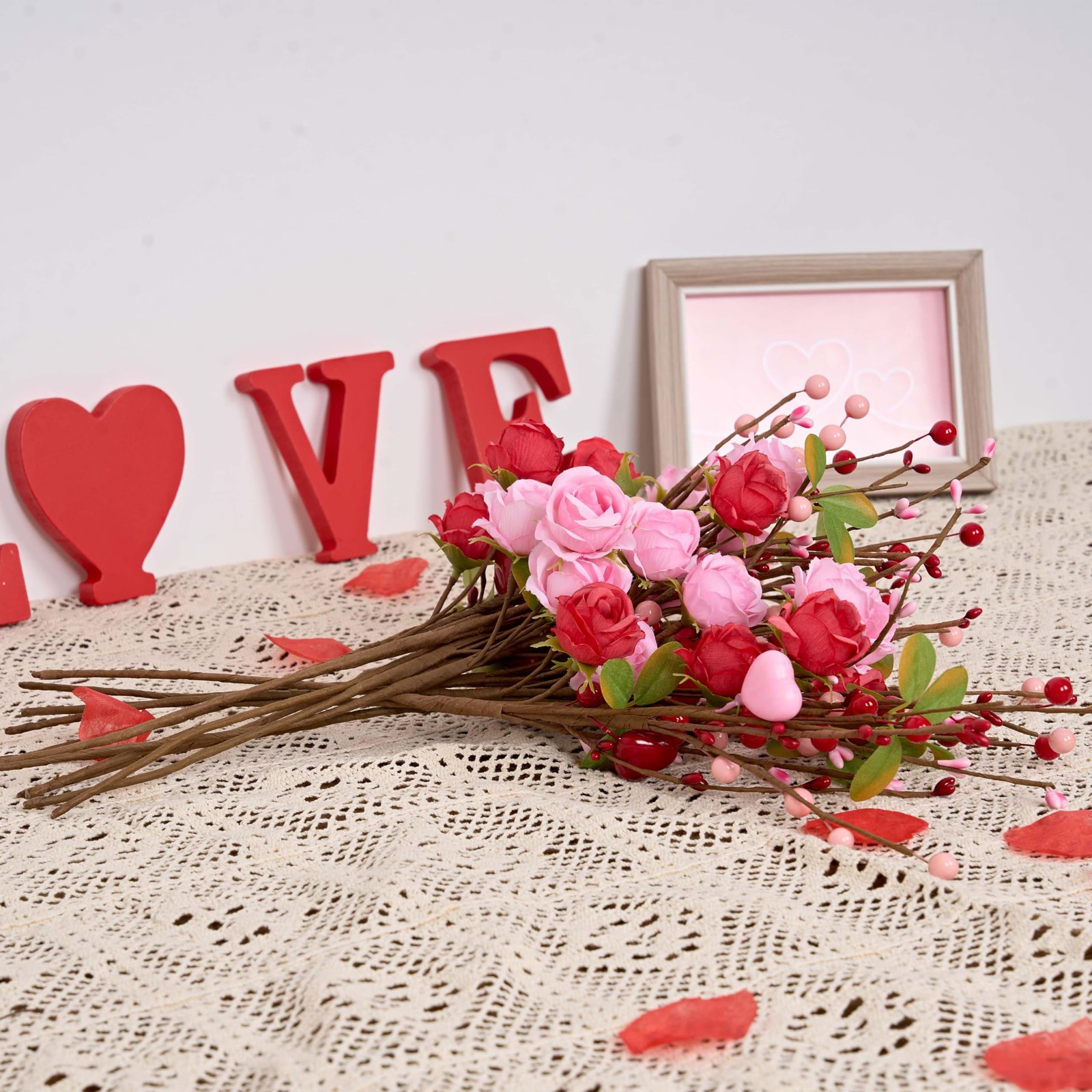 12 PCS Valentine Artificial Flowers 17 Inch Picks Red Roses Pink Heart Berries